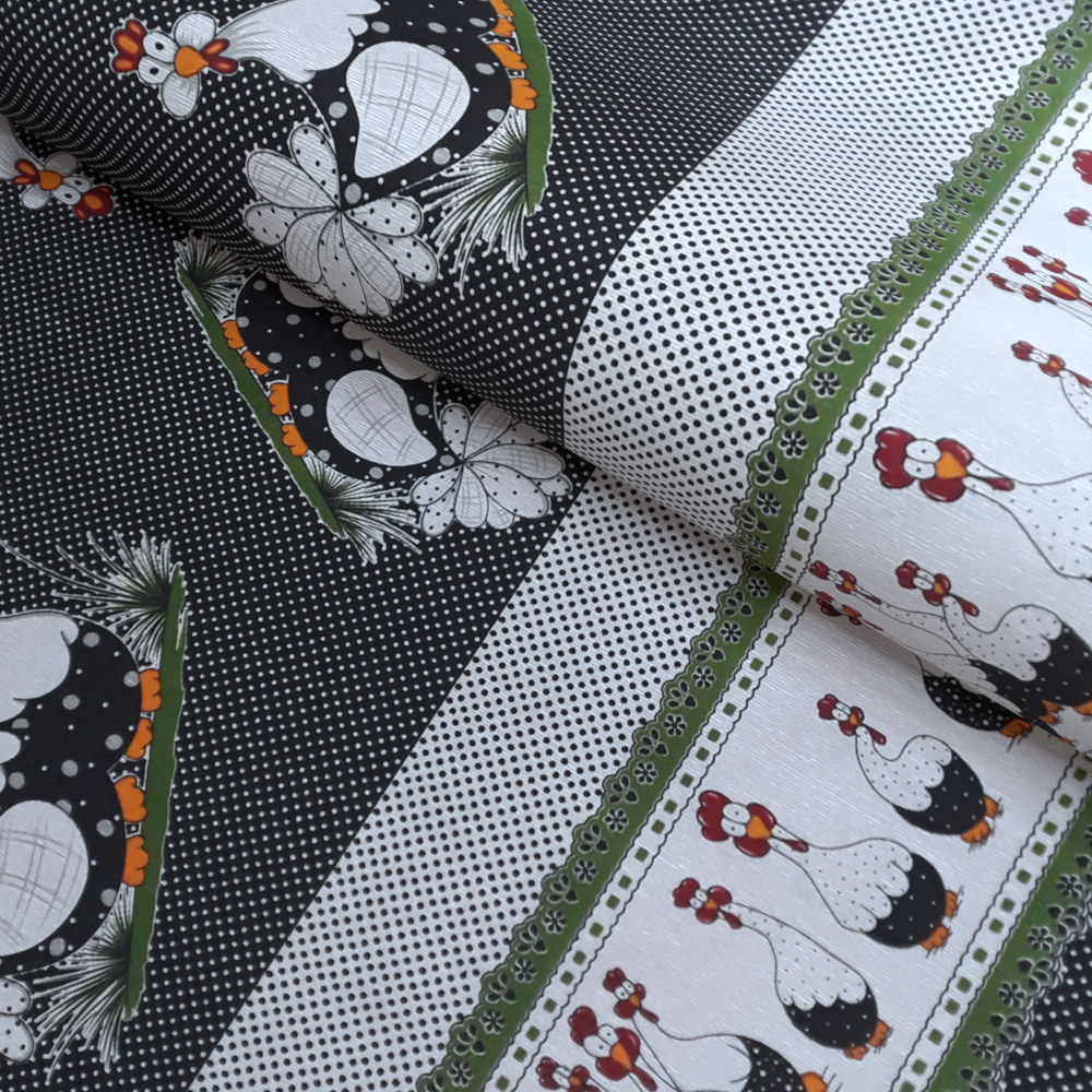 Tecido Gorgurinho Estampado Galinha Preto