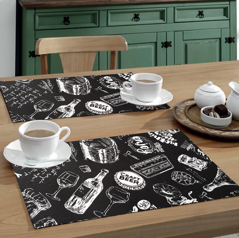 Jogo Americano 6 Peças Em Jacquard Estampado Bar Preto