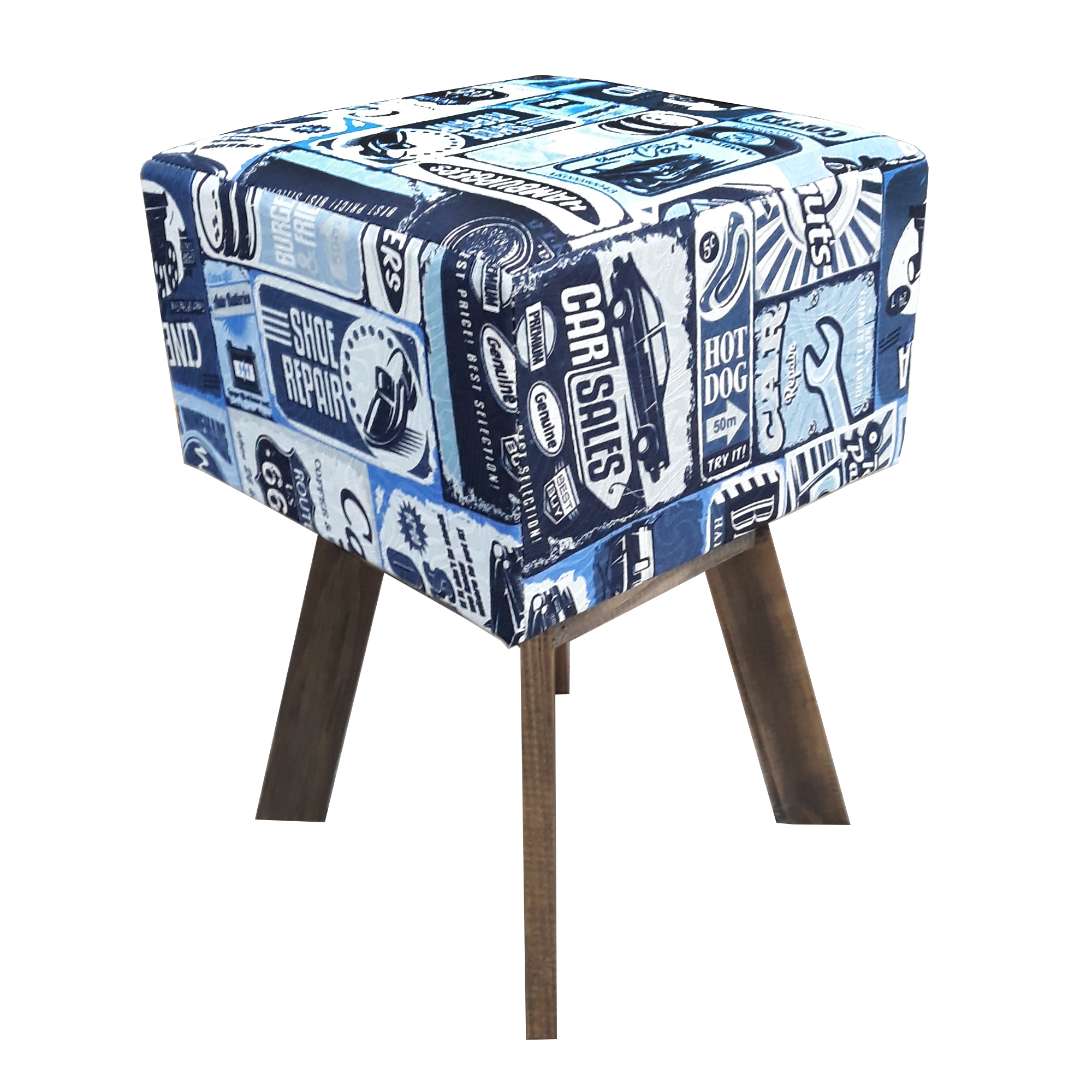 Puff Decorativo Jacquard Estampado Retrô Azul