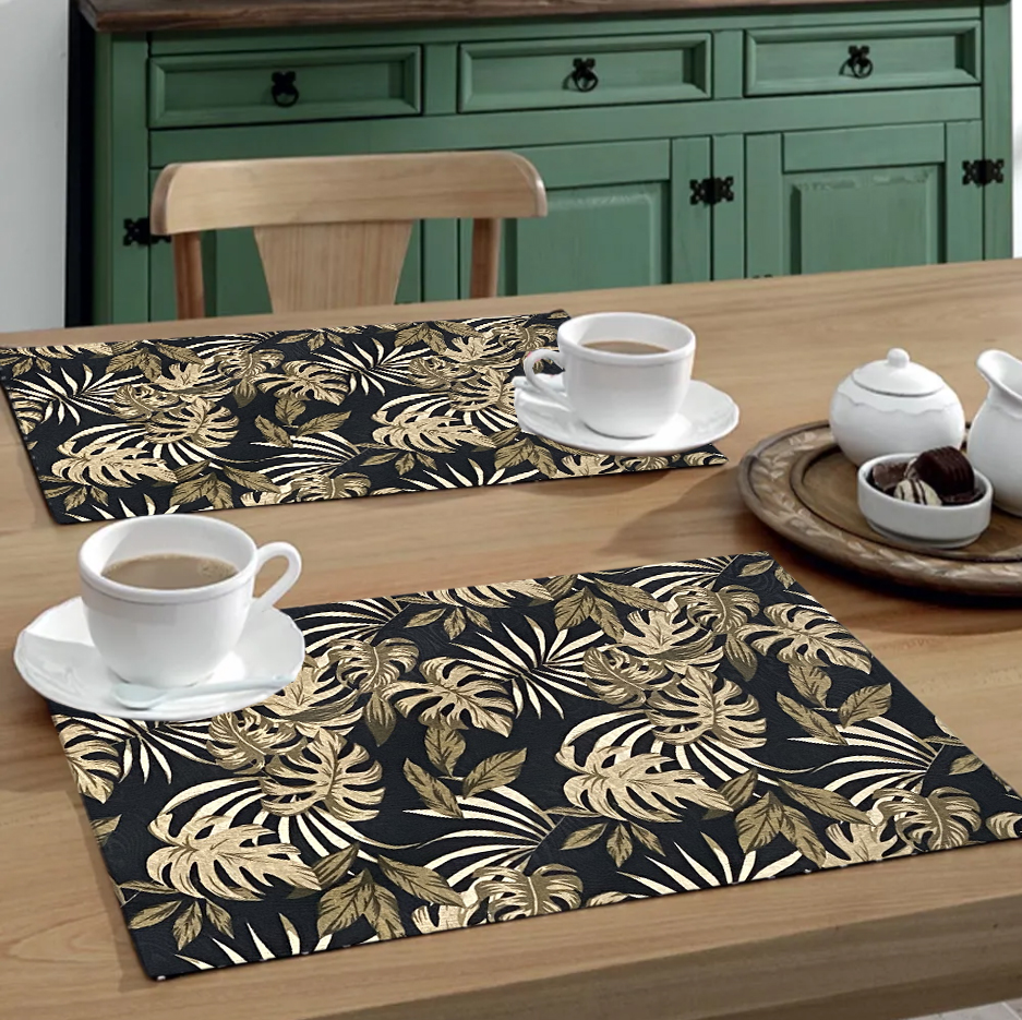 Jogo Americano 4 Peças Em Jacquard Estampado Costela de Adão Fundo Preto