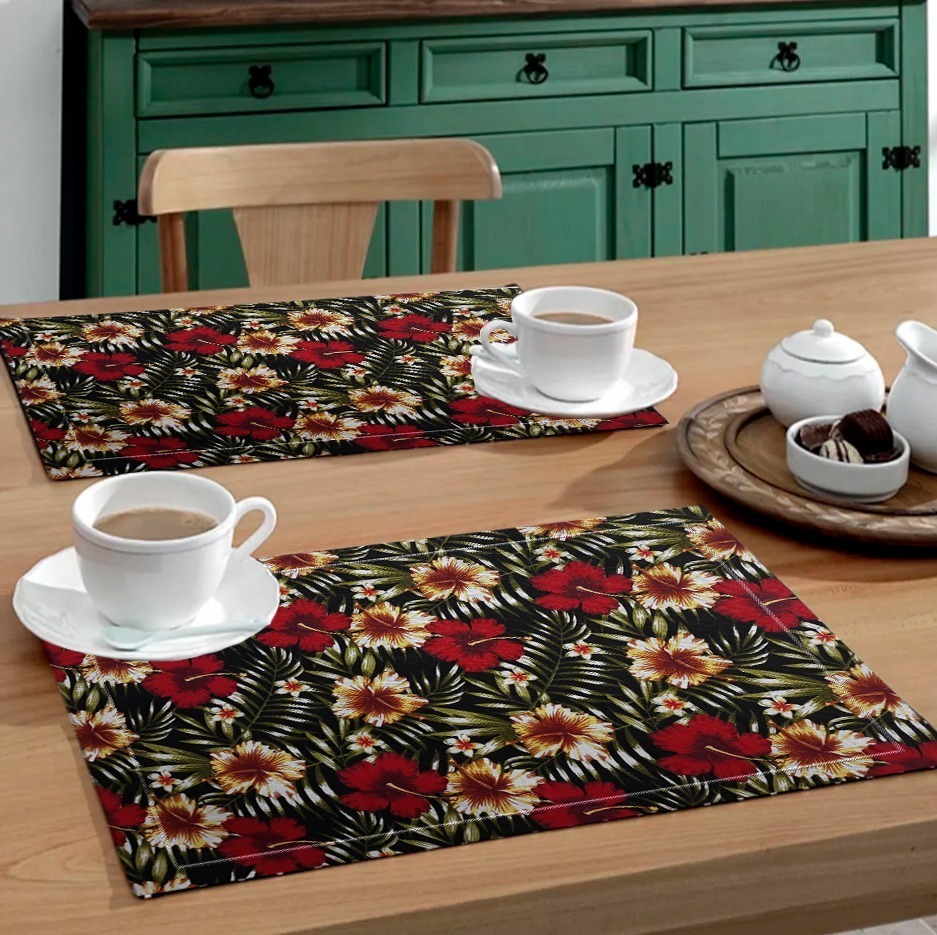 Jogo Americano 4 Peças Em Jacquard Estampado Floral Vermelho e Preto