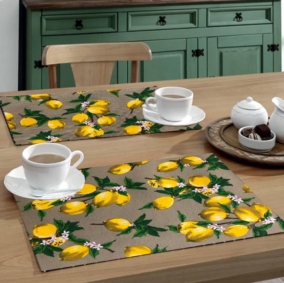 Jogo Americano 4 Peças Em Jacquard Estampado Limão Siciliano Bege