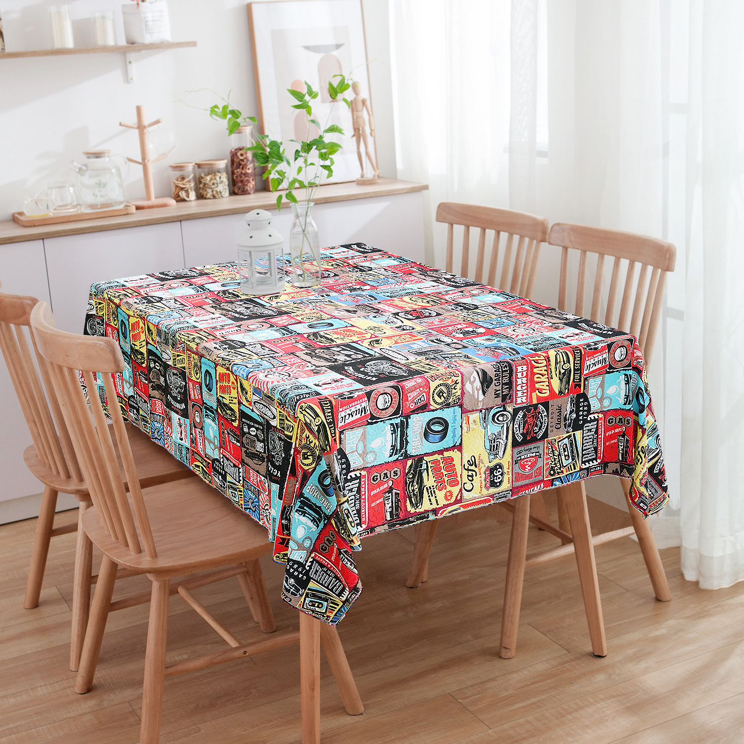 Toalha De Mesa Quadrada Estampada Retrô Vintage Garage 4 Lugares
