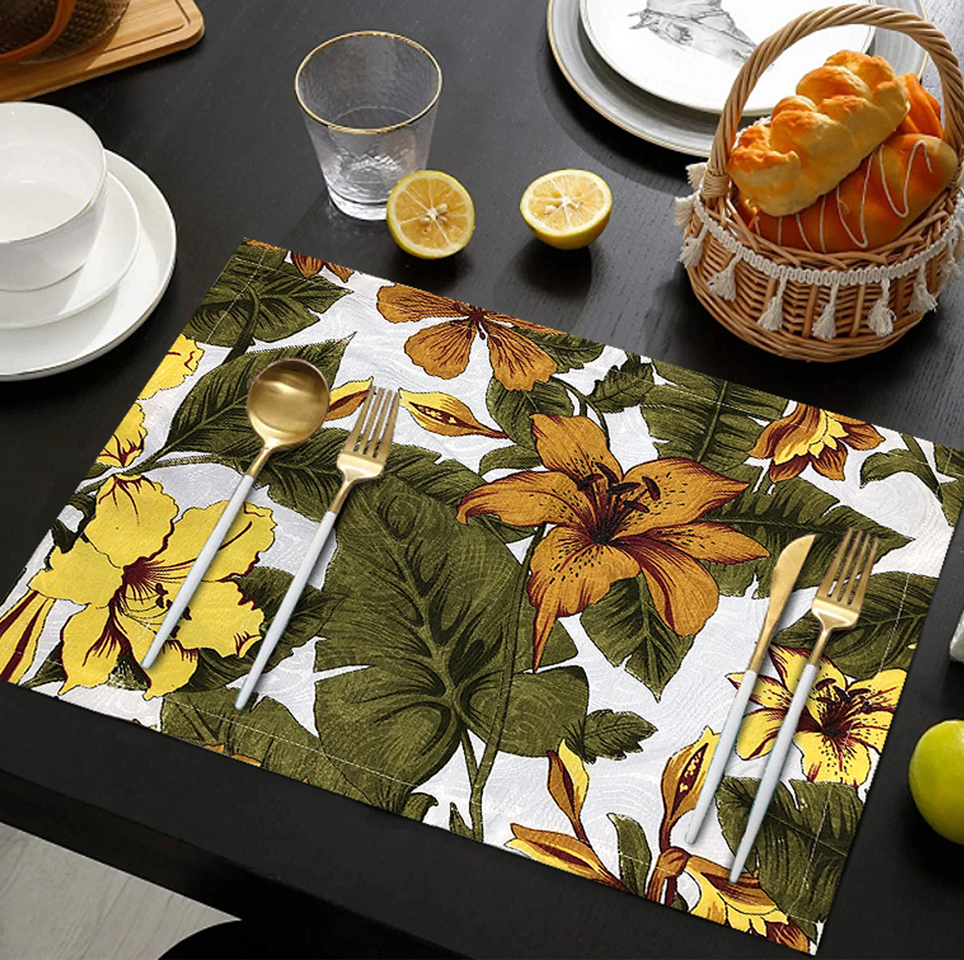 Lugar Americano Em Jacquard Estampado Floral Amarelo - 1 Peça