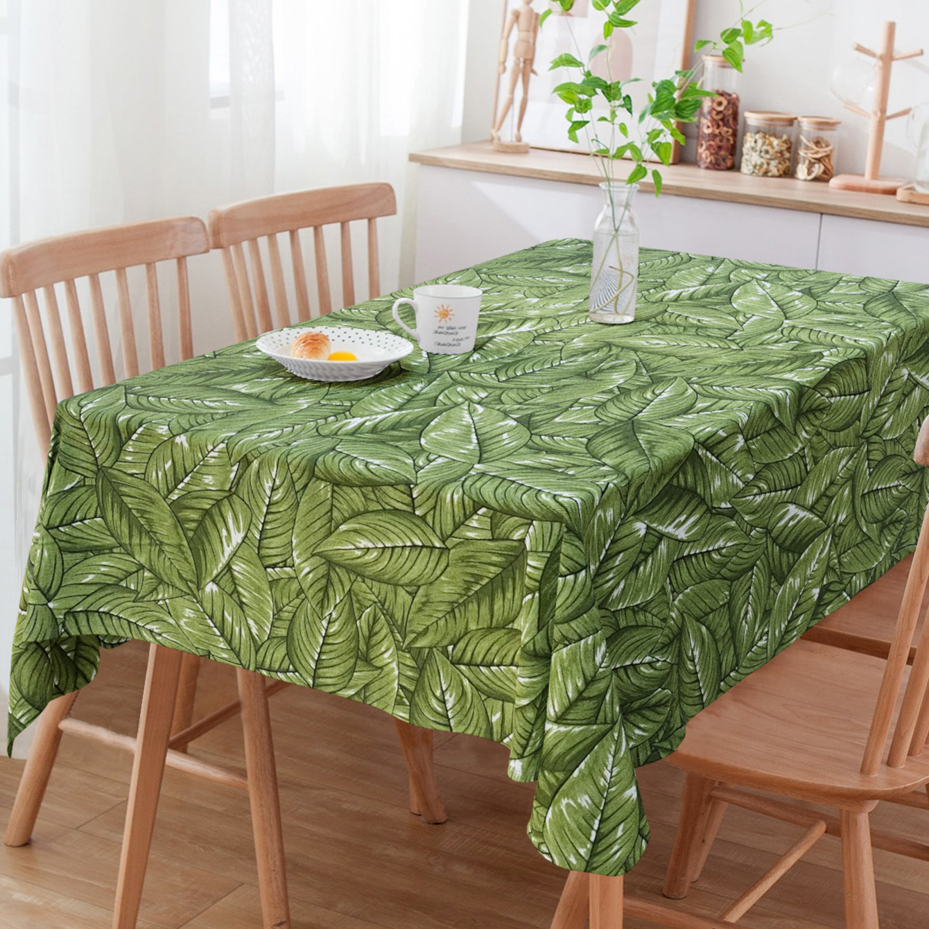 Toalha De Mesa Retangular Estampada Folhagens Verdes 6 Lugares