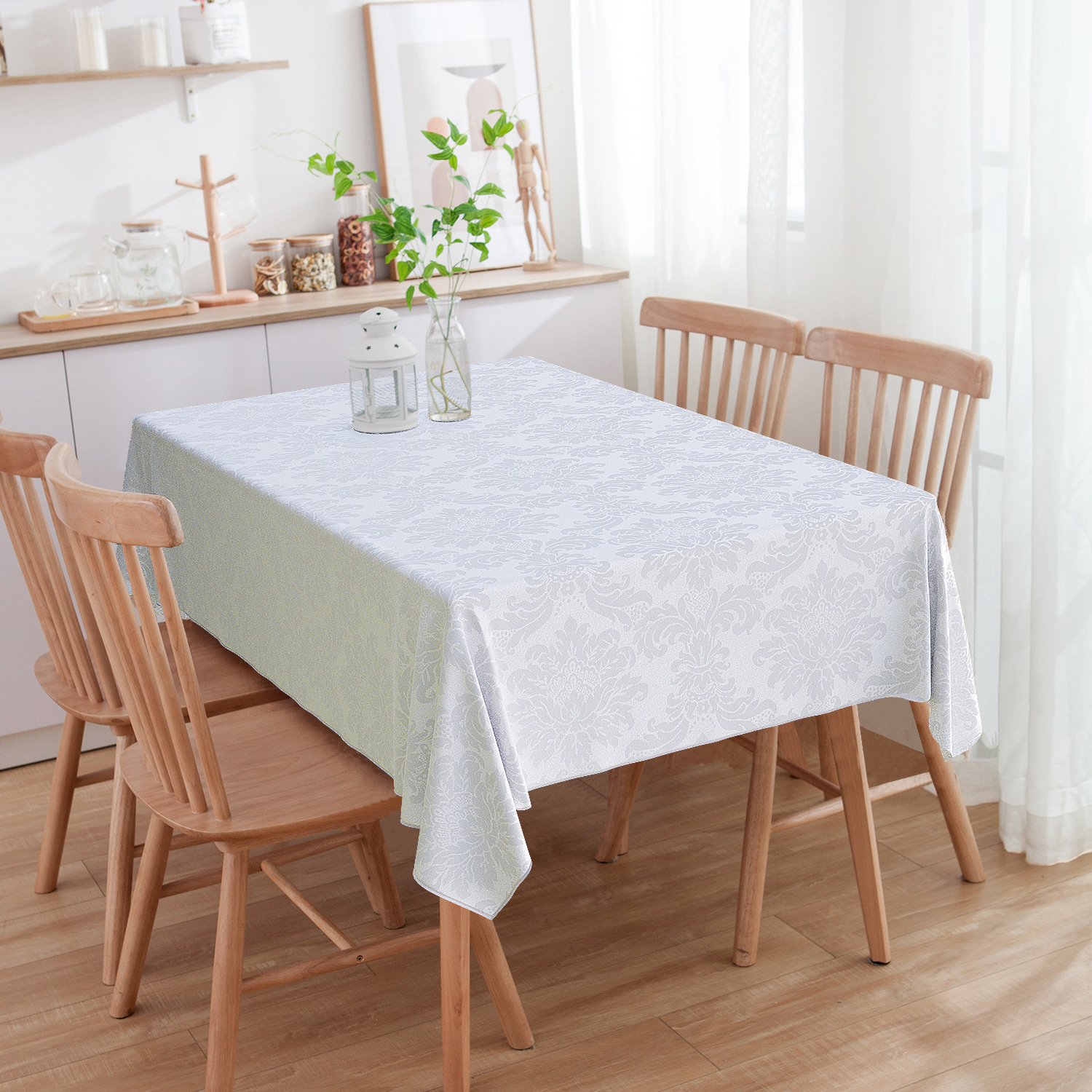 Toalha de Mesa Retangular Jacquard Medalhão Branco 6 Lugares