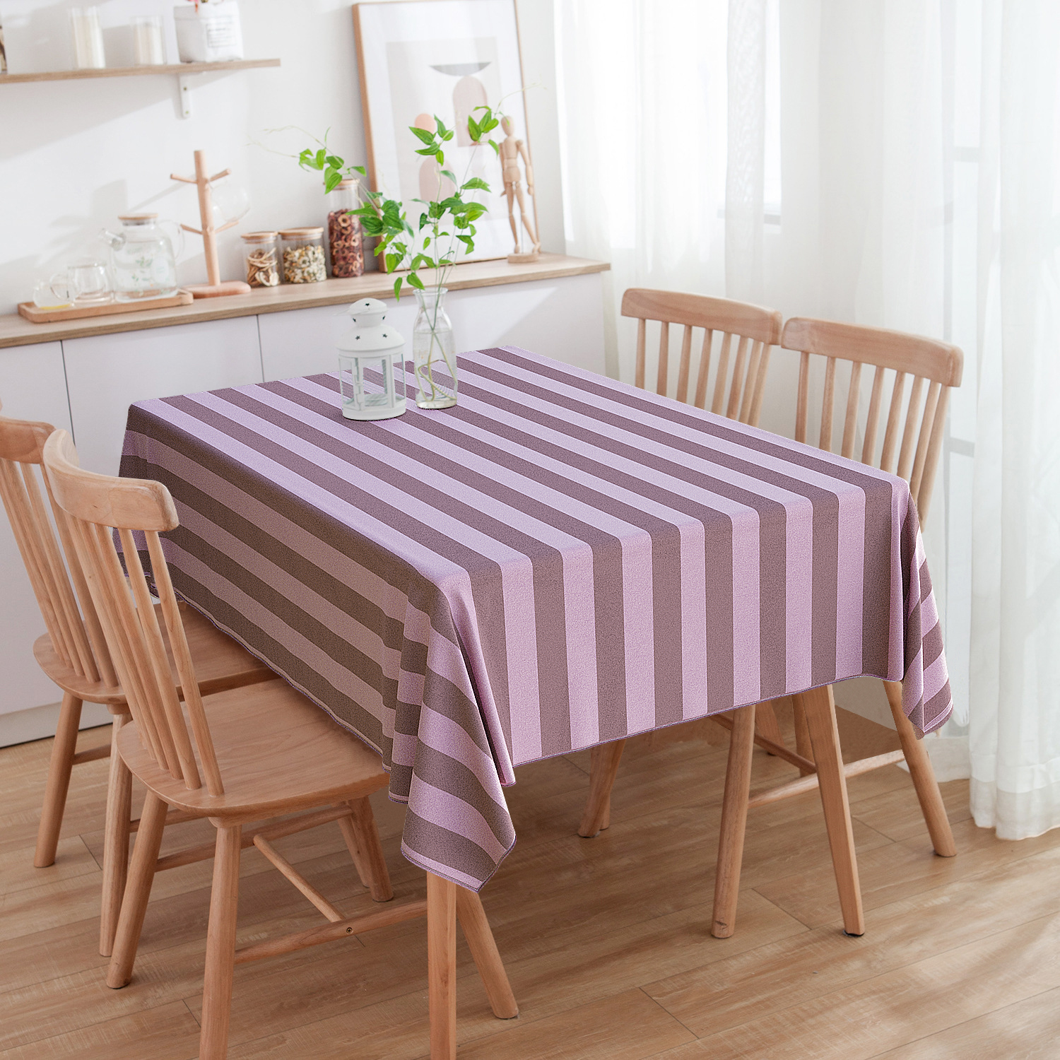 Toalha de Mesa Retangular Listrado Rosê e Marrom 3m x 1.40m