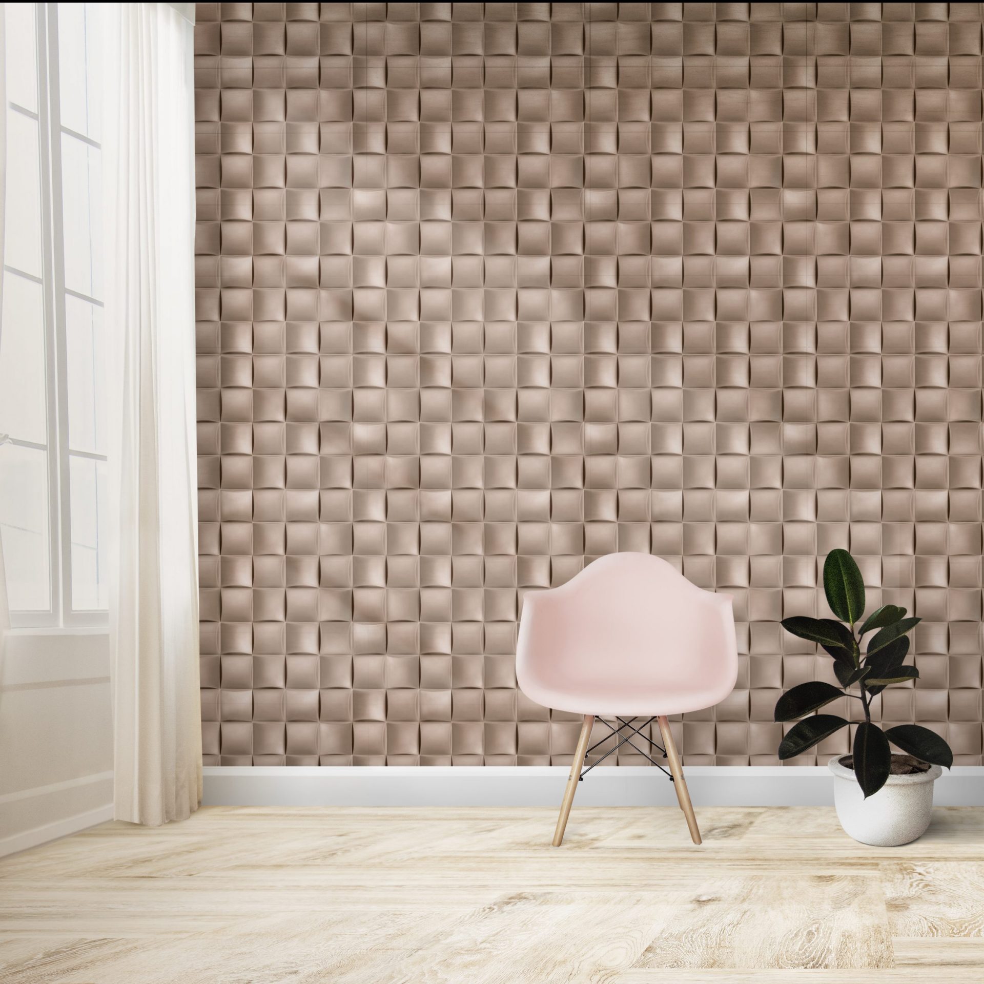 Pink chair and a plant against a wall mockup