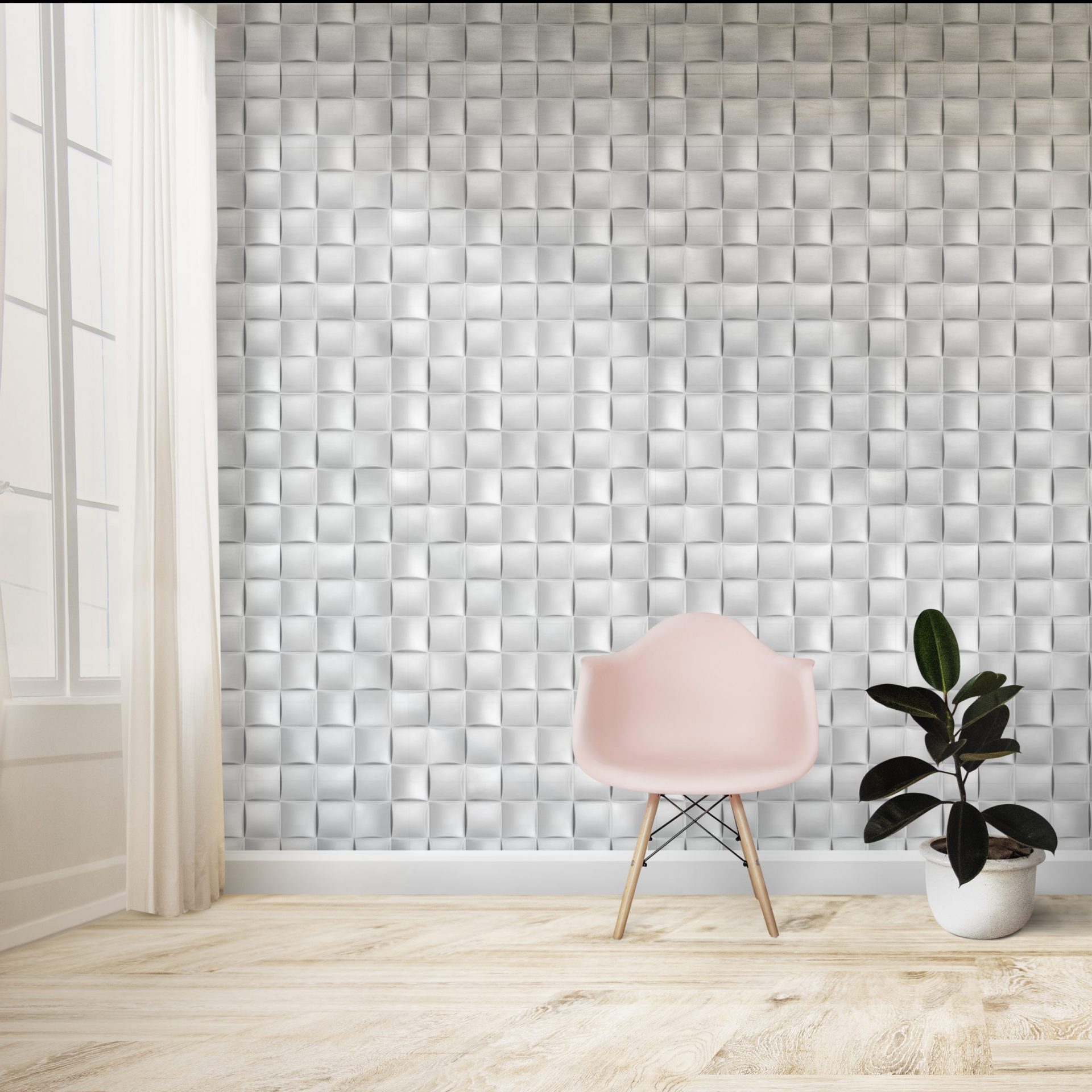 Pink chair and a plant against a wall mockup