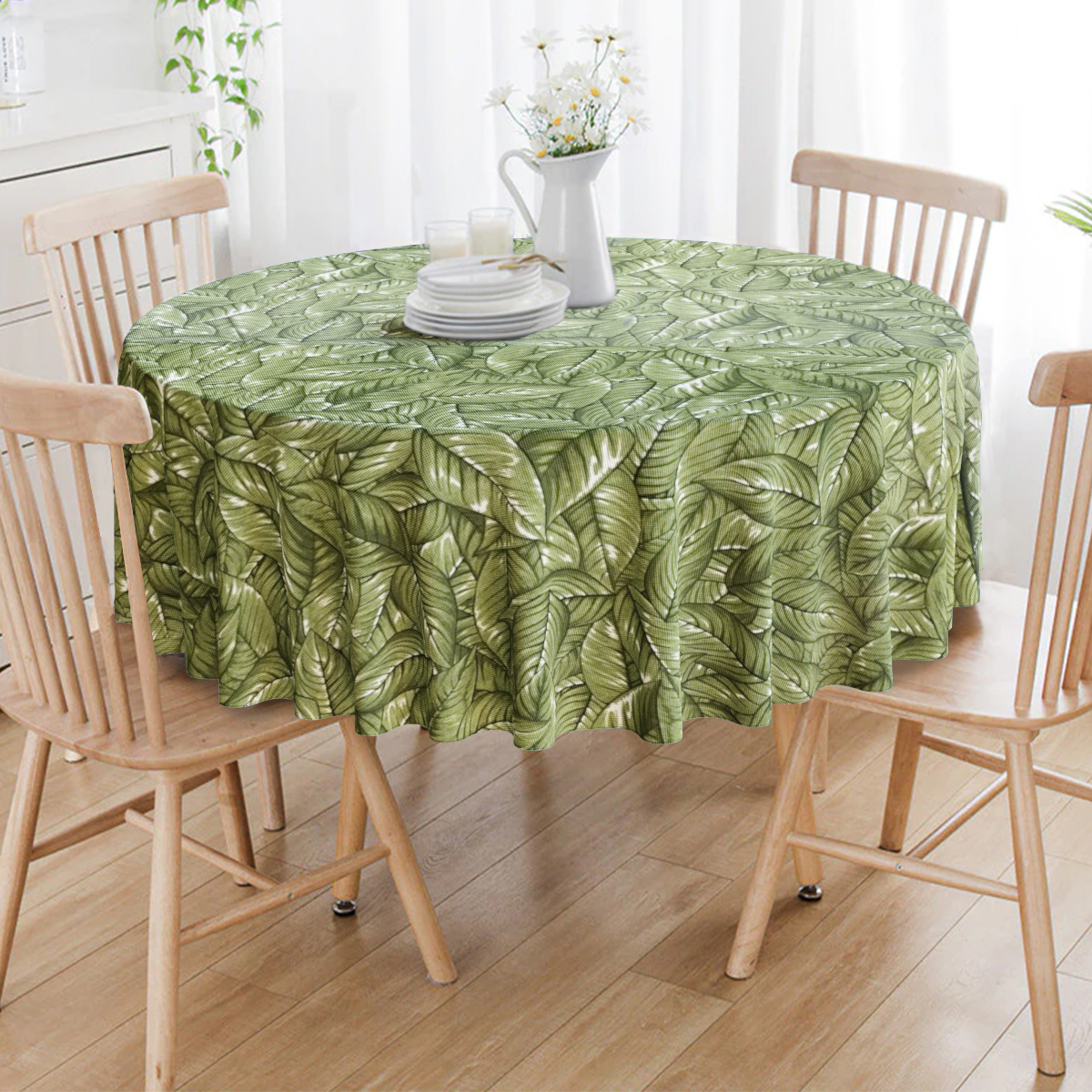Toalha De Mesa Redonda Folhagens Verdes 4 Lugares