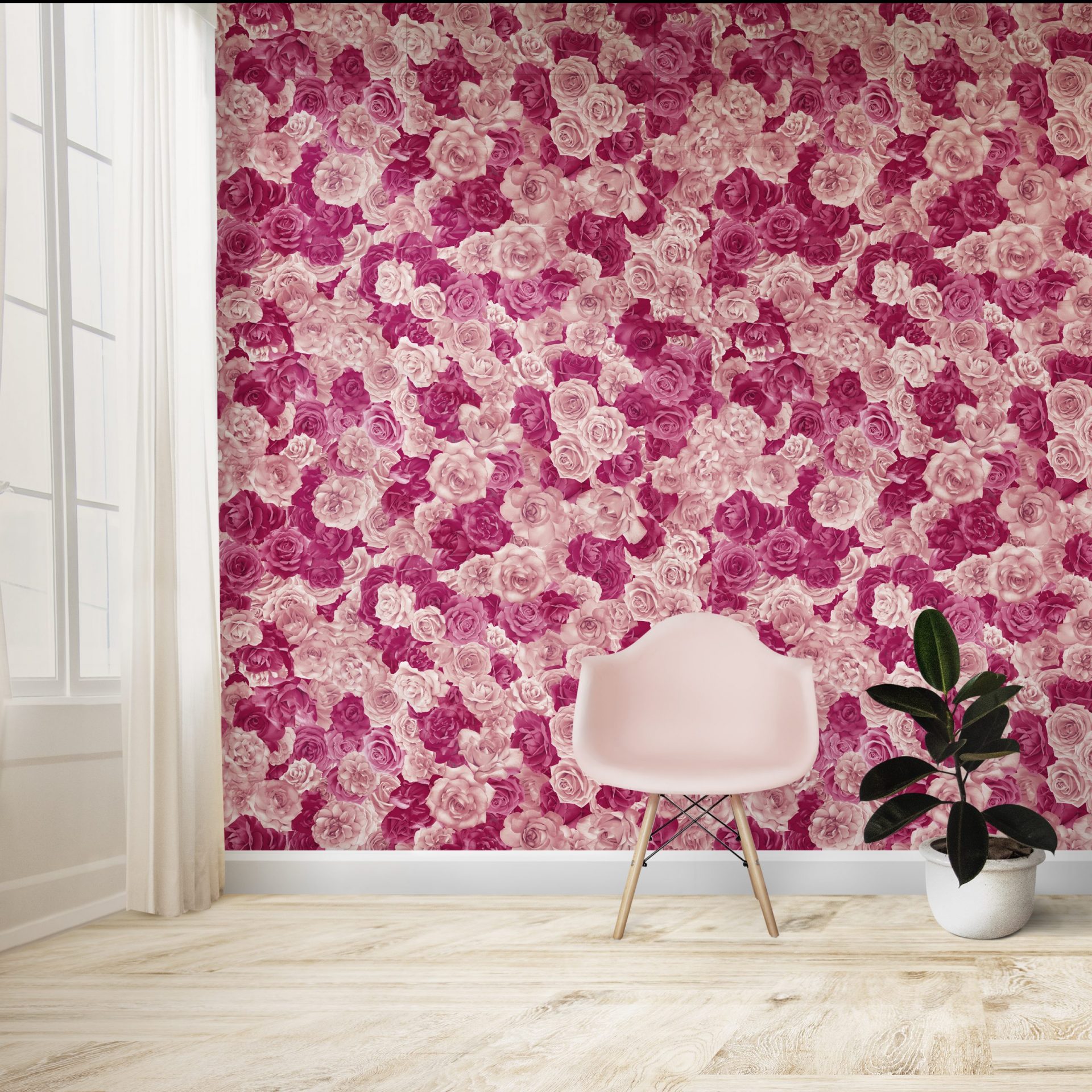 Pink chair and a plant against a wall mockup