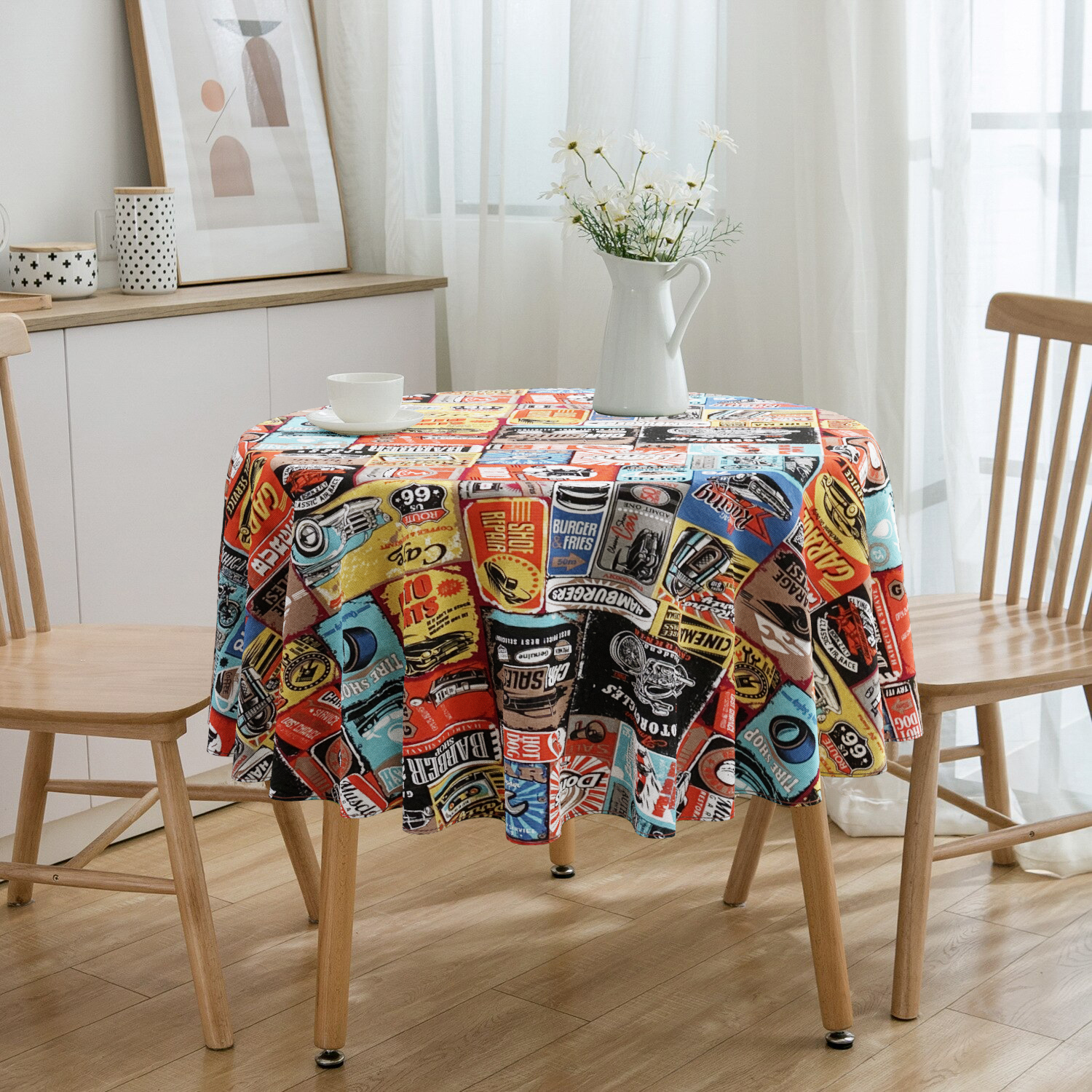 Toalha De Mesa Redonda Garage Retrô 4 Lugares