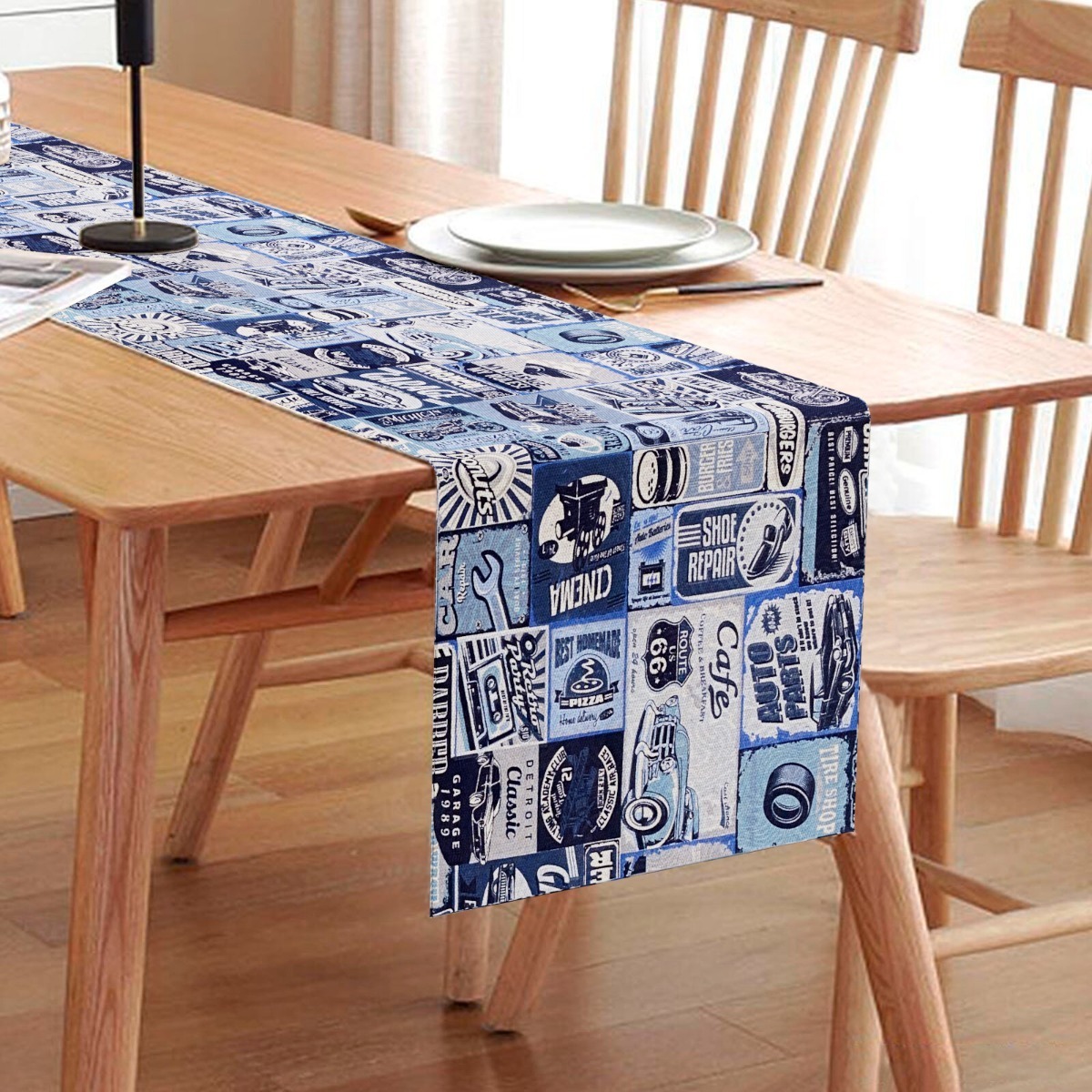 Caminho De Mesa Estampado Retro Azul