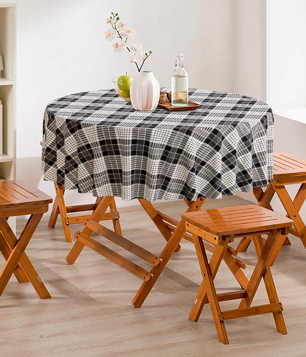 Toalha De Mesa Redonda em Linho Xadrez Preto