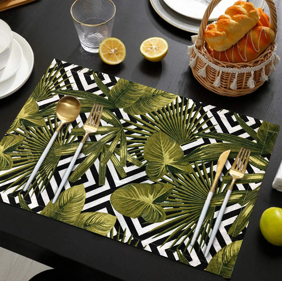 Jogo Americano 4 Peças Estampado Folhagens e Geométrico