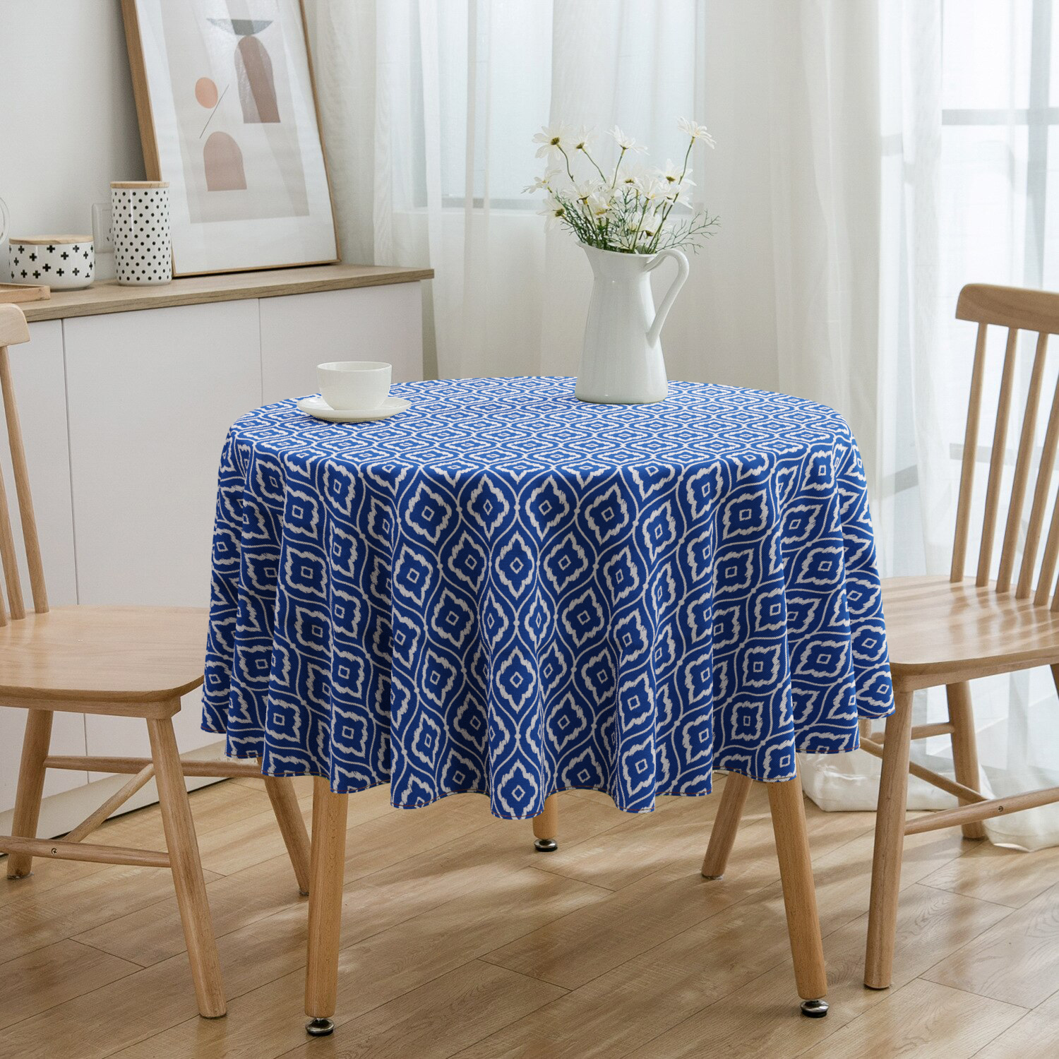 Toalha De Mesa Redonda Geométrico Azul 4 Lugares