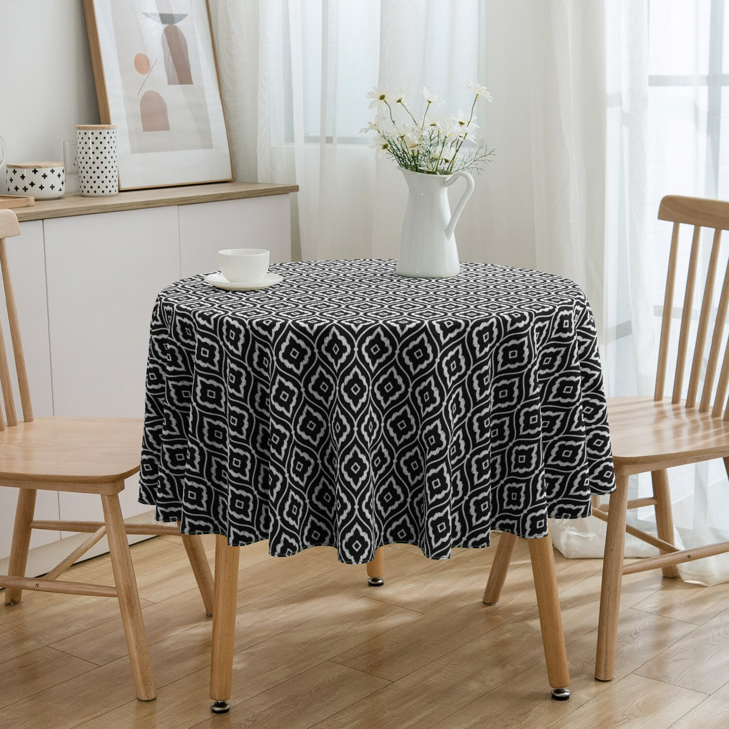 Toalha De Mesa Redonda Geométrico Preto 4 Lugares