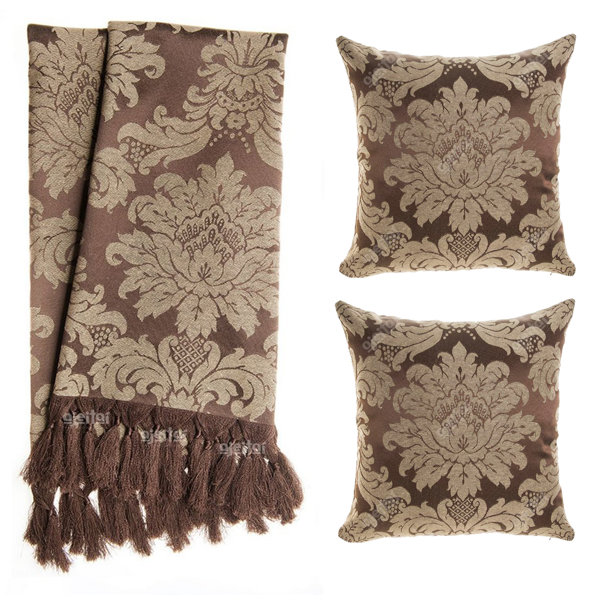Manta para Sofá Marrom e Bege Tradicional 220x180 + 2 Capas De Almofadas