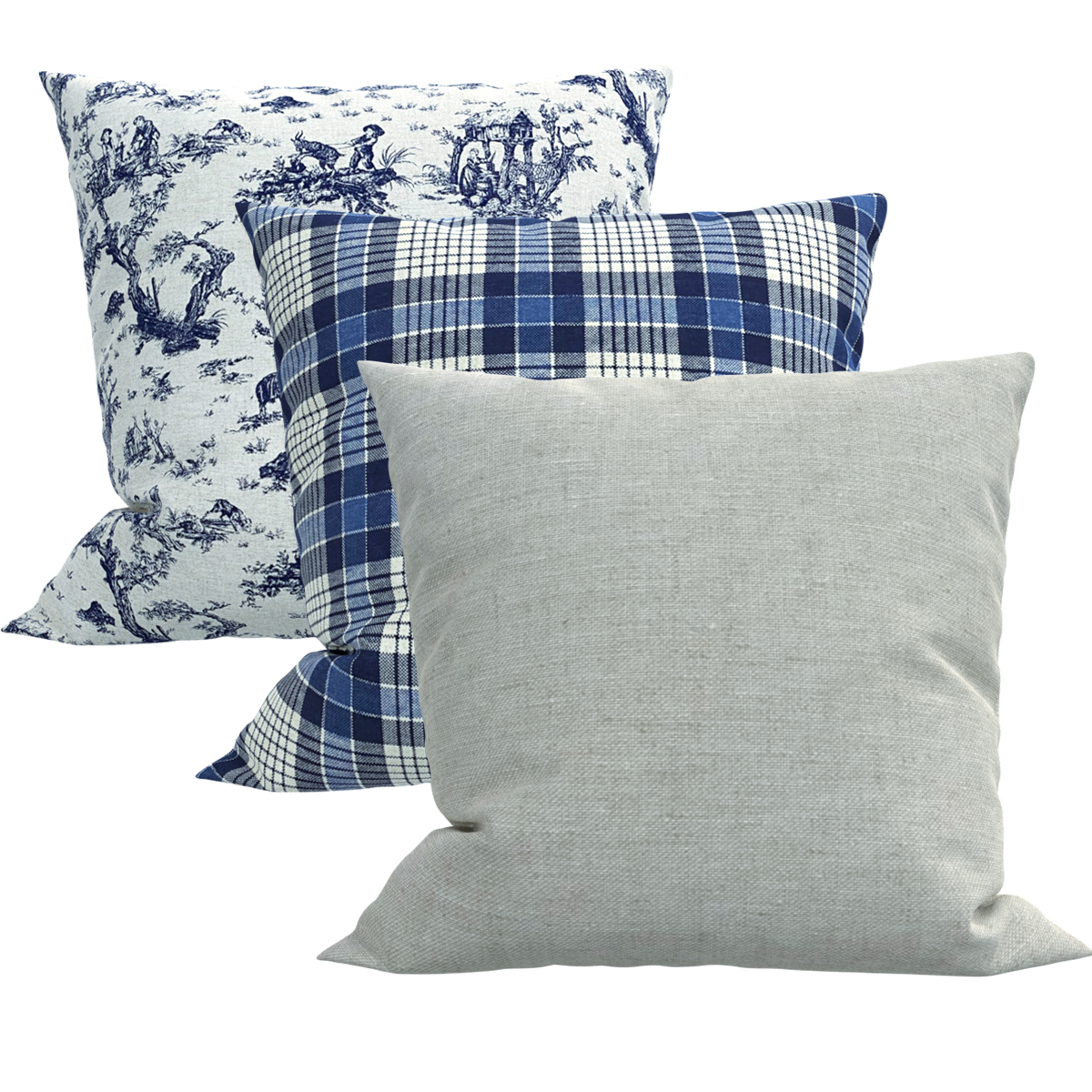 Kit 3 Capas para Almofada Decorativa em Linho Estampado Azul 40x40cm