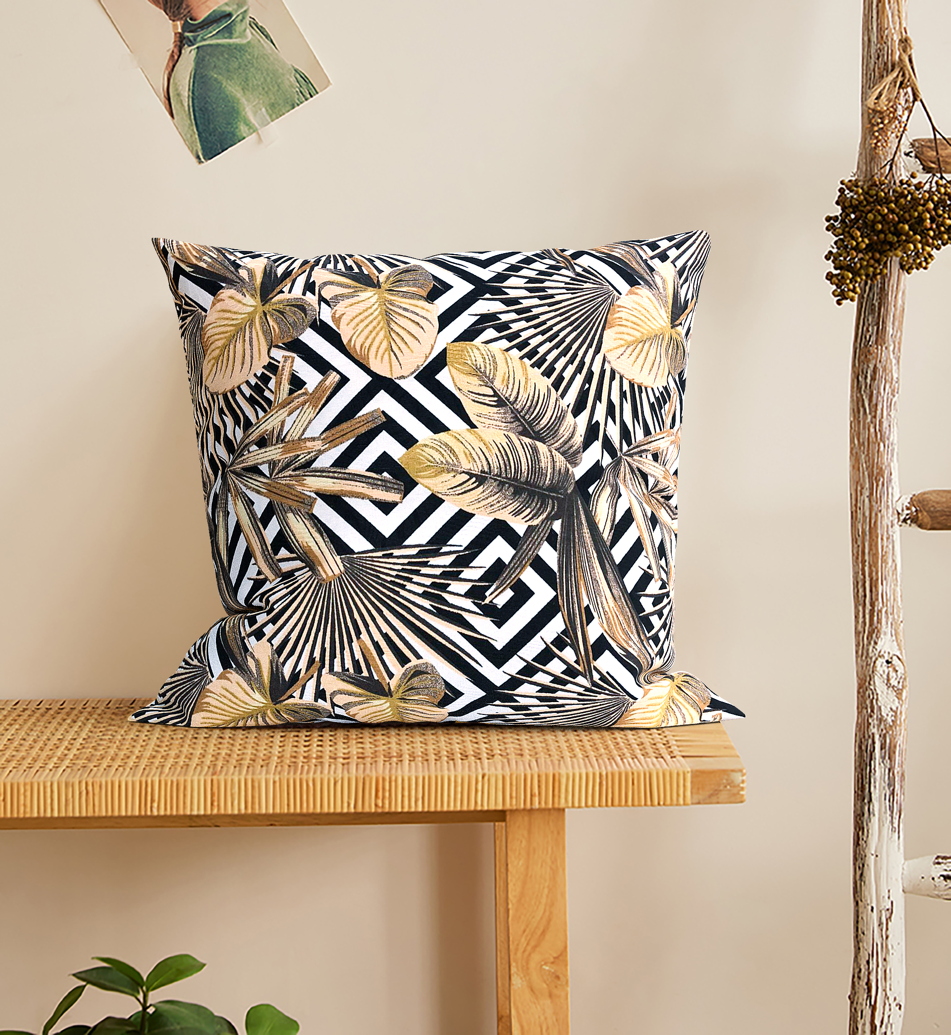 Capa para Almofada Estampado Folhas Secas e Geométrico