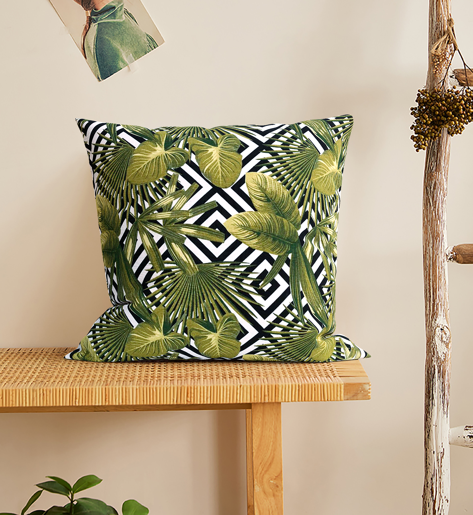 Capa para Almofada Estampado Folhas e Geométrico