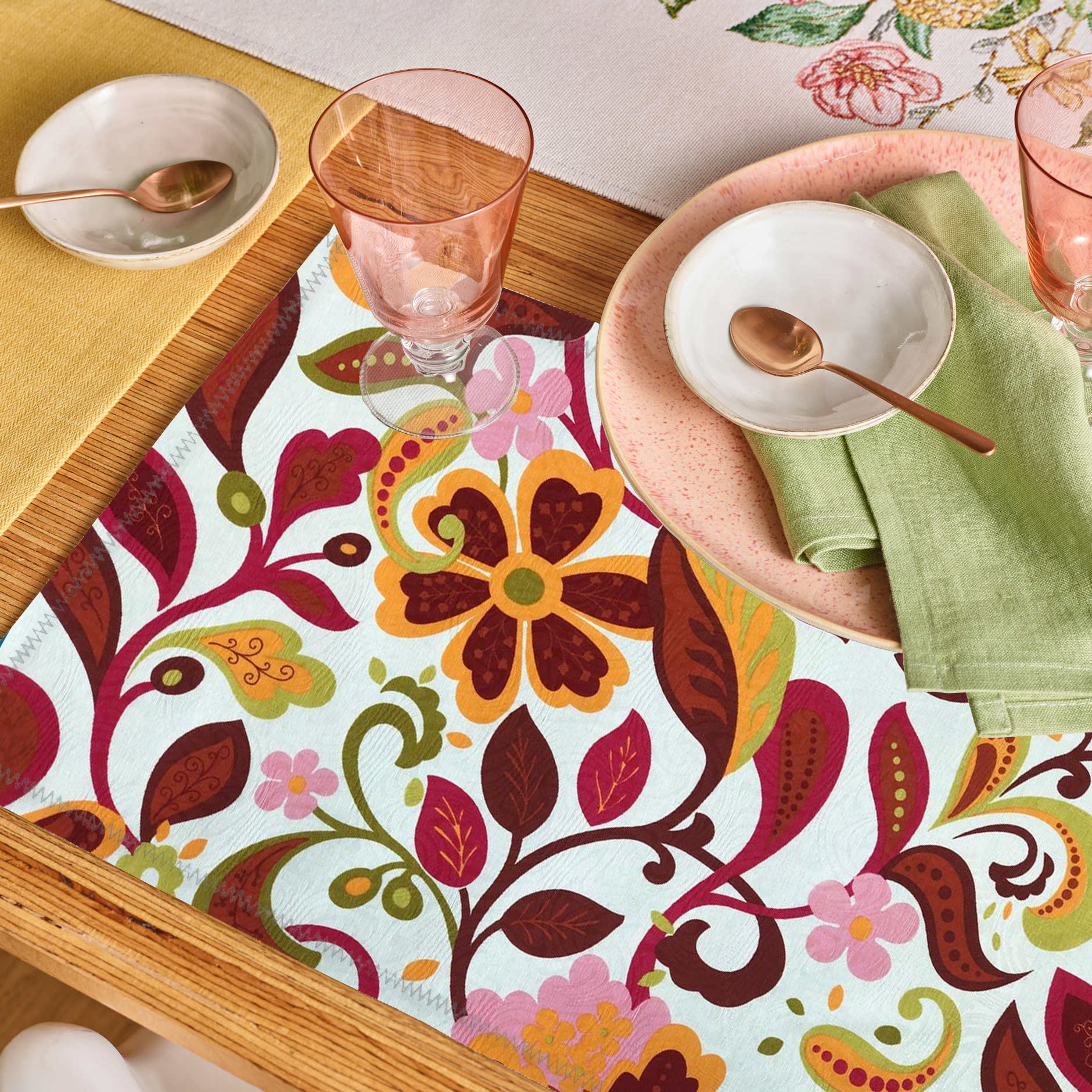 Jogo Americano 4 Peças Estampado Floral Colorido Vermelho