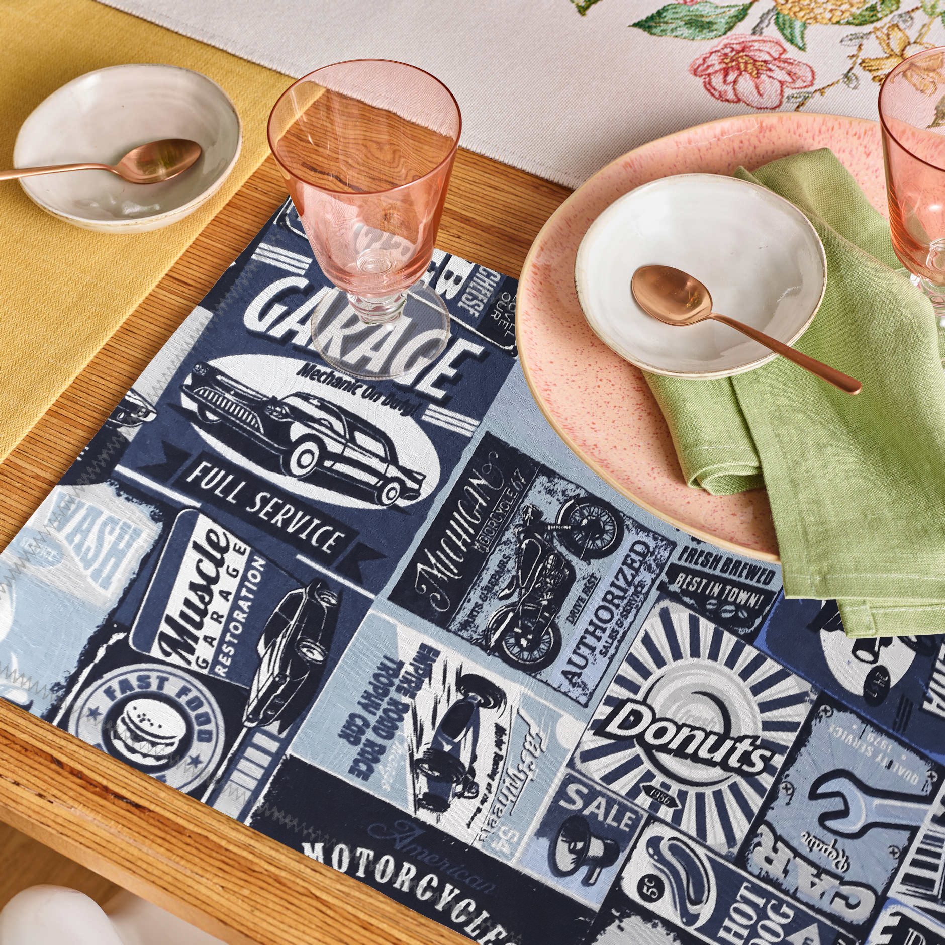 Jogo Americano 4 Peças Estampado Retro Azul