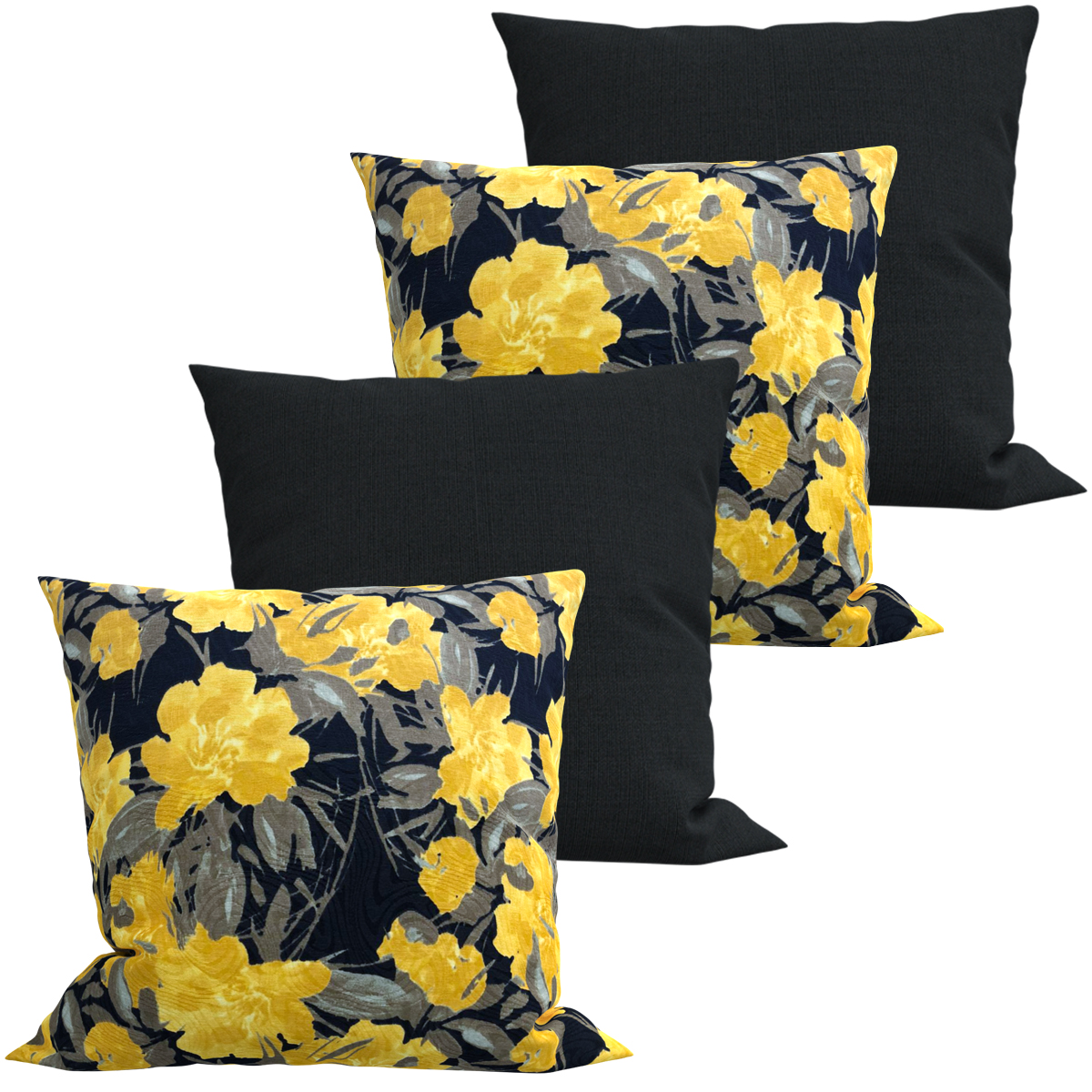 Kit 4 Capas de Almofadas Estampada Floral Amarelo e Preto