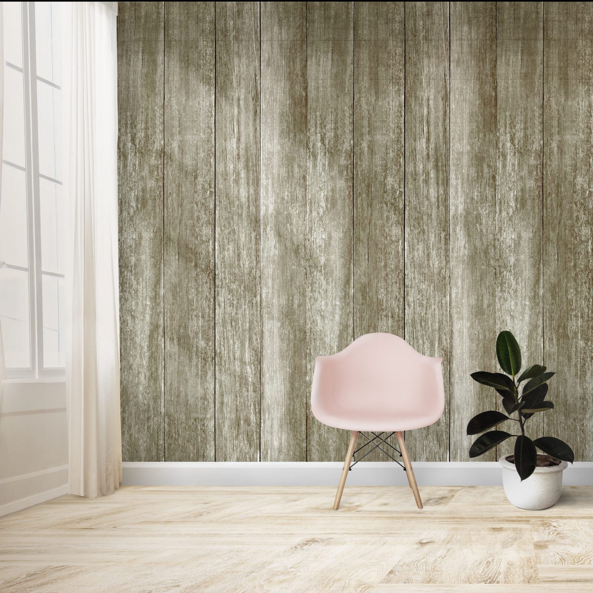 Pink chair and a plant against a wall mockup