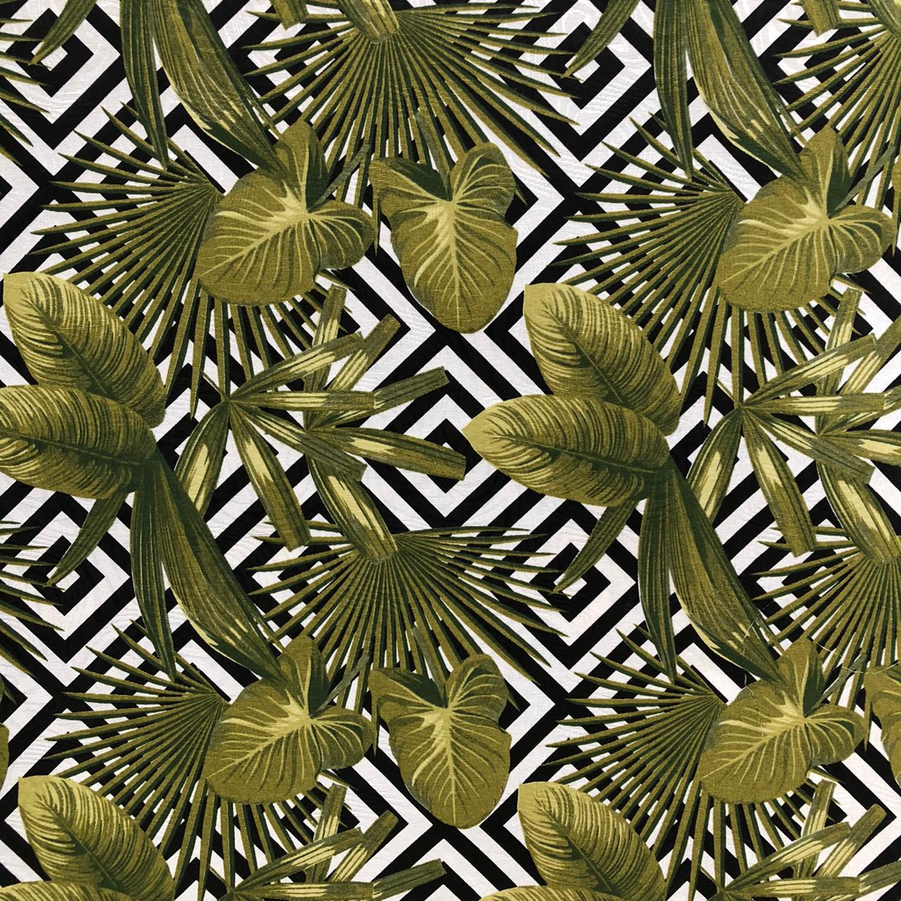 Tecido para Decoração Jacquard Estampado Folhagem Geométrico e Preto