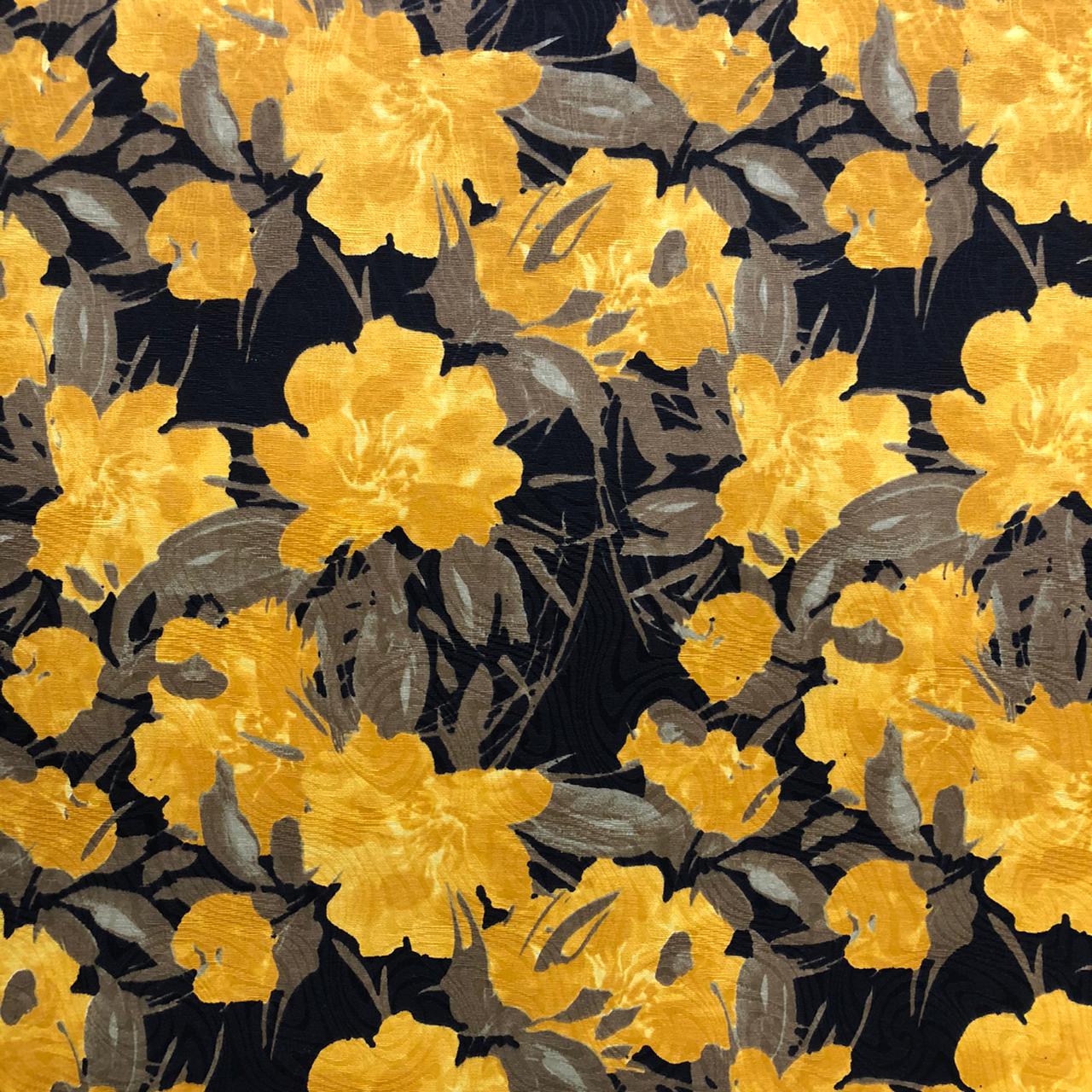 Tecido Jacquard Estampado Floral Amarelo Com Fundo Preto