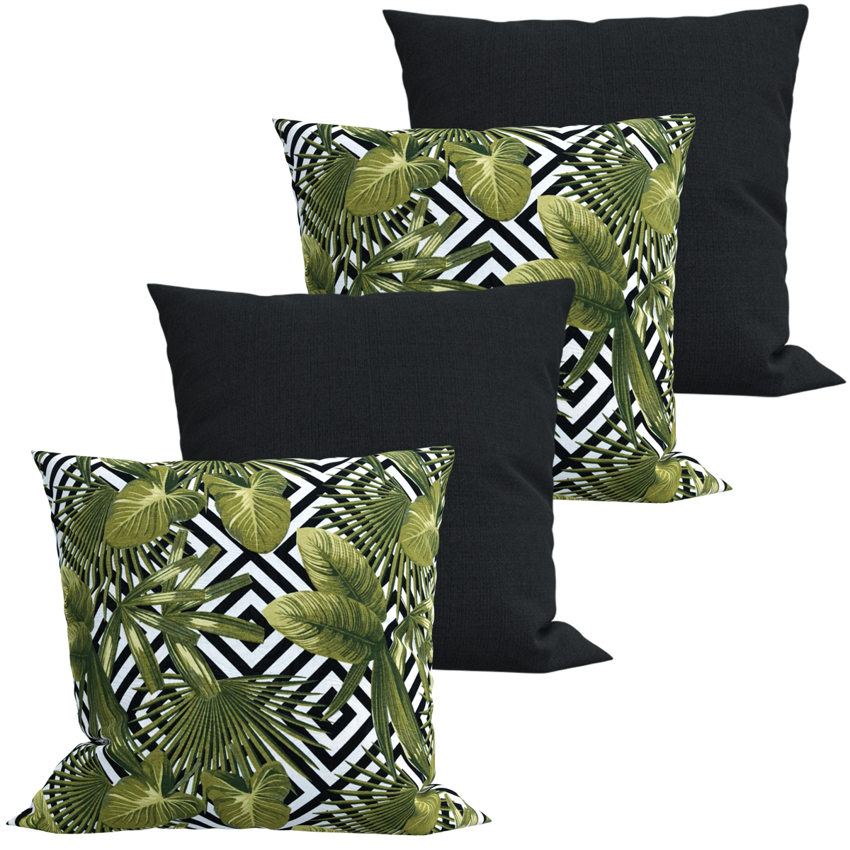 Kit 4 Capas de Almofadas Folhagens e Geométricos Verdes e Preto