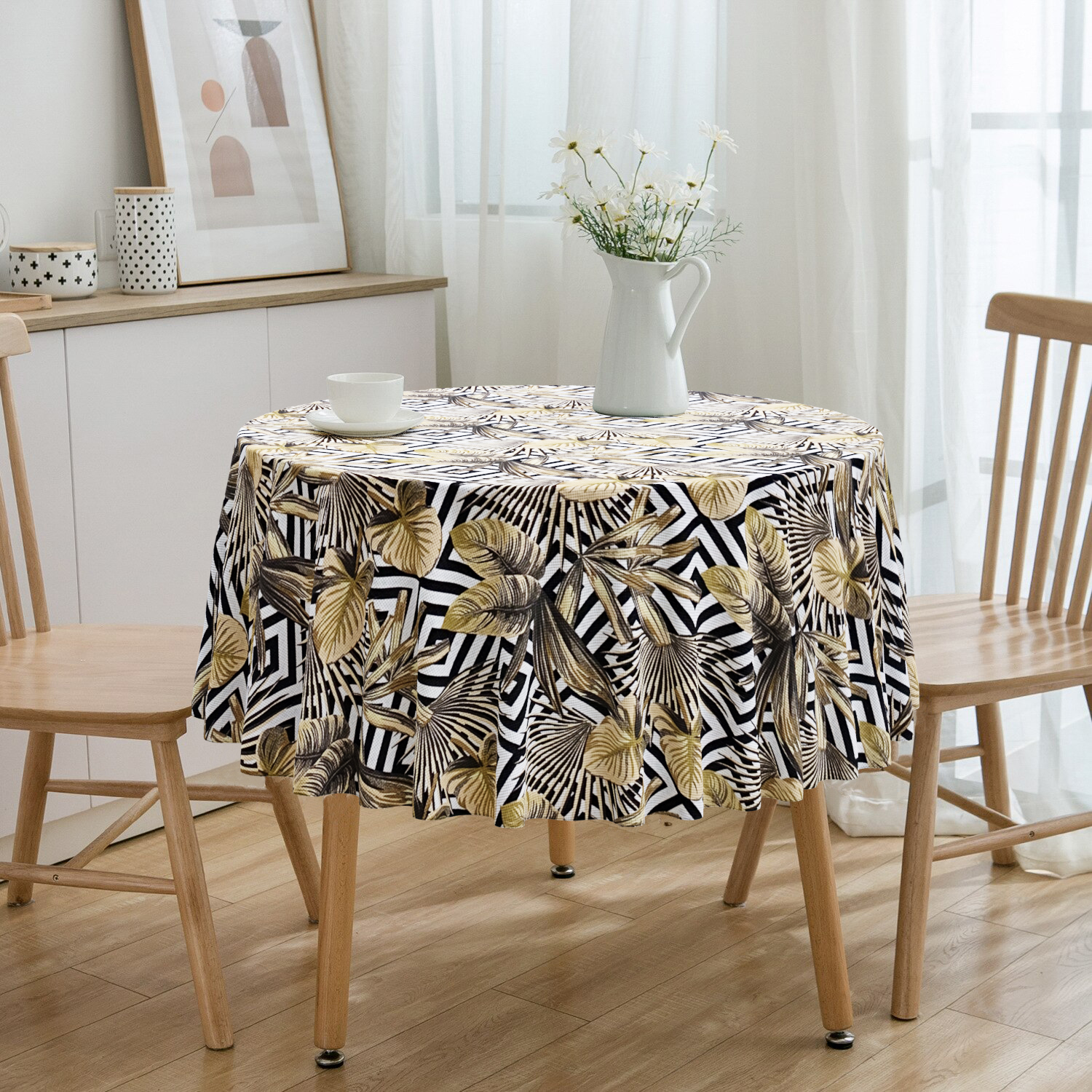 Toalha De Mesa Redonda Folhagens Secas e Geométrico 4 Lugares