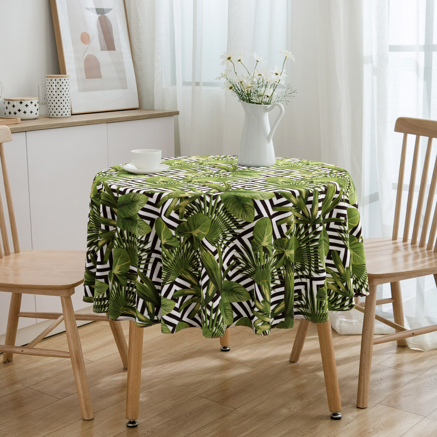 Toalha De Mesa Redonda Folhagens e Geométrico 4 Lugares