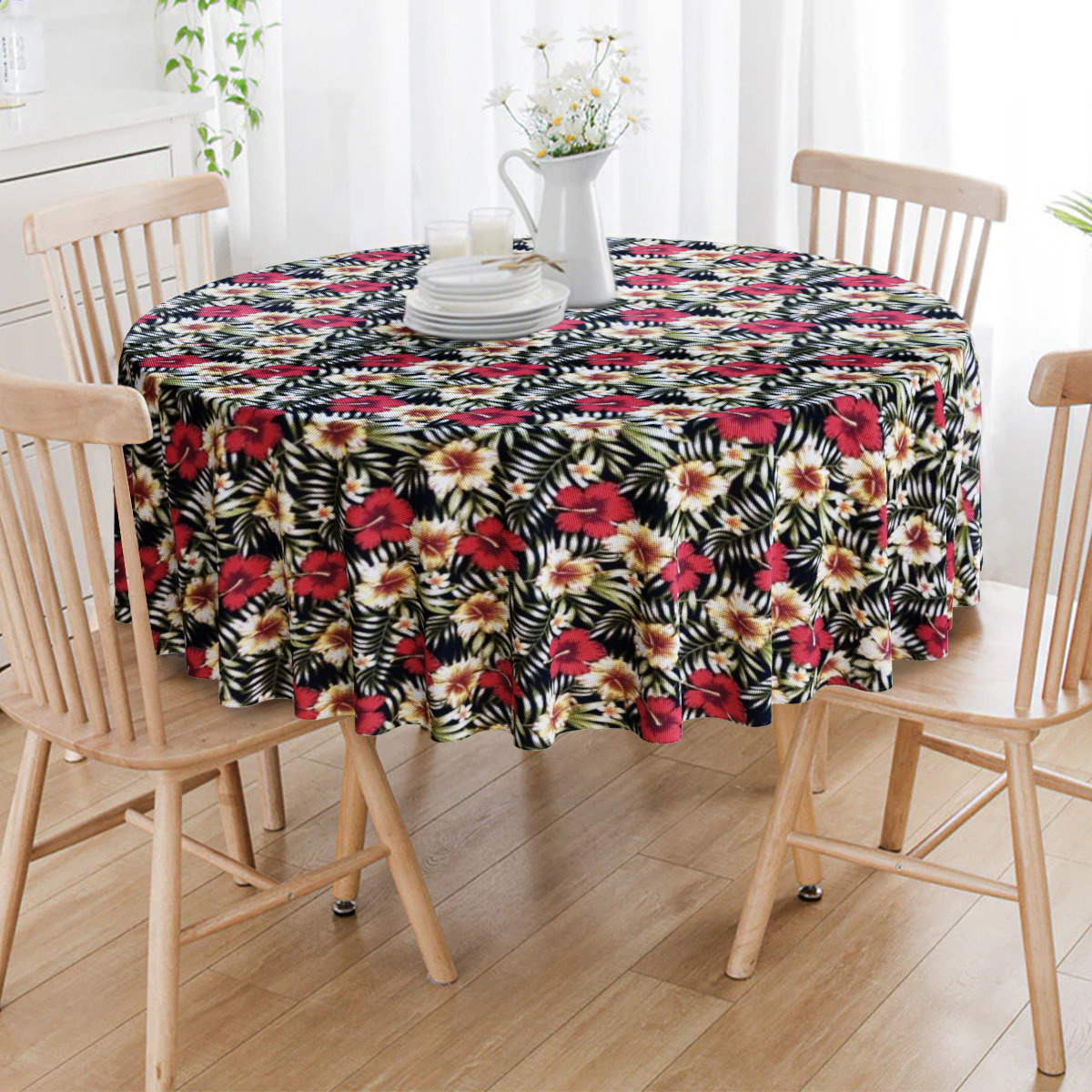 Toalha De Mesa Redonda  Floral Vermelho e Preto 4 Lugares