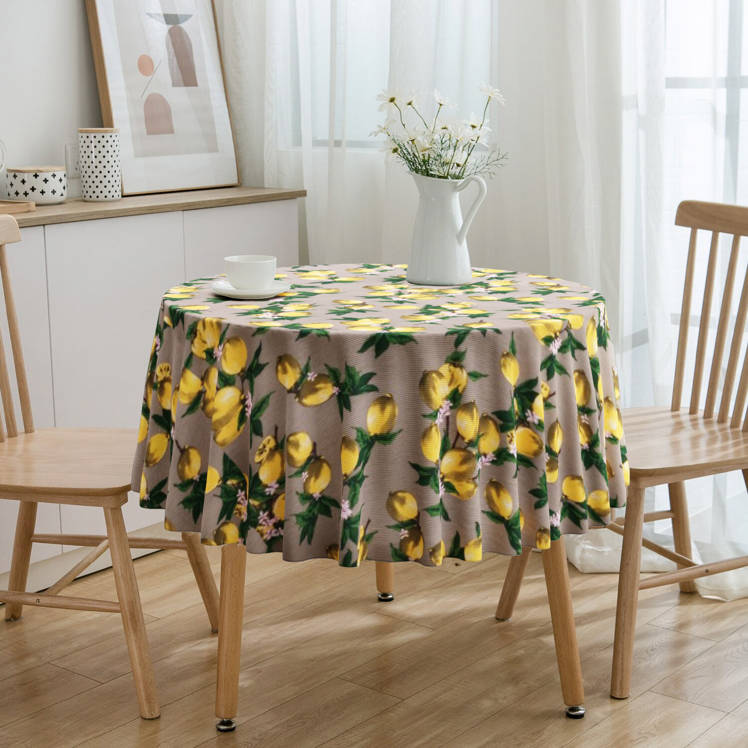 Toalha De Mesa Redonda Limão Bege 4 Lugares
