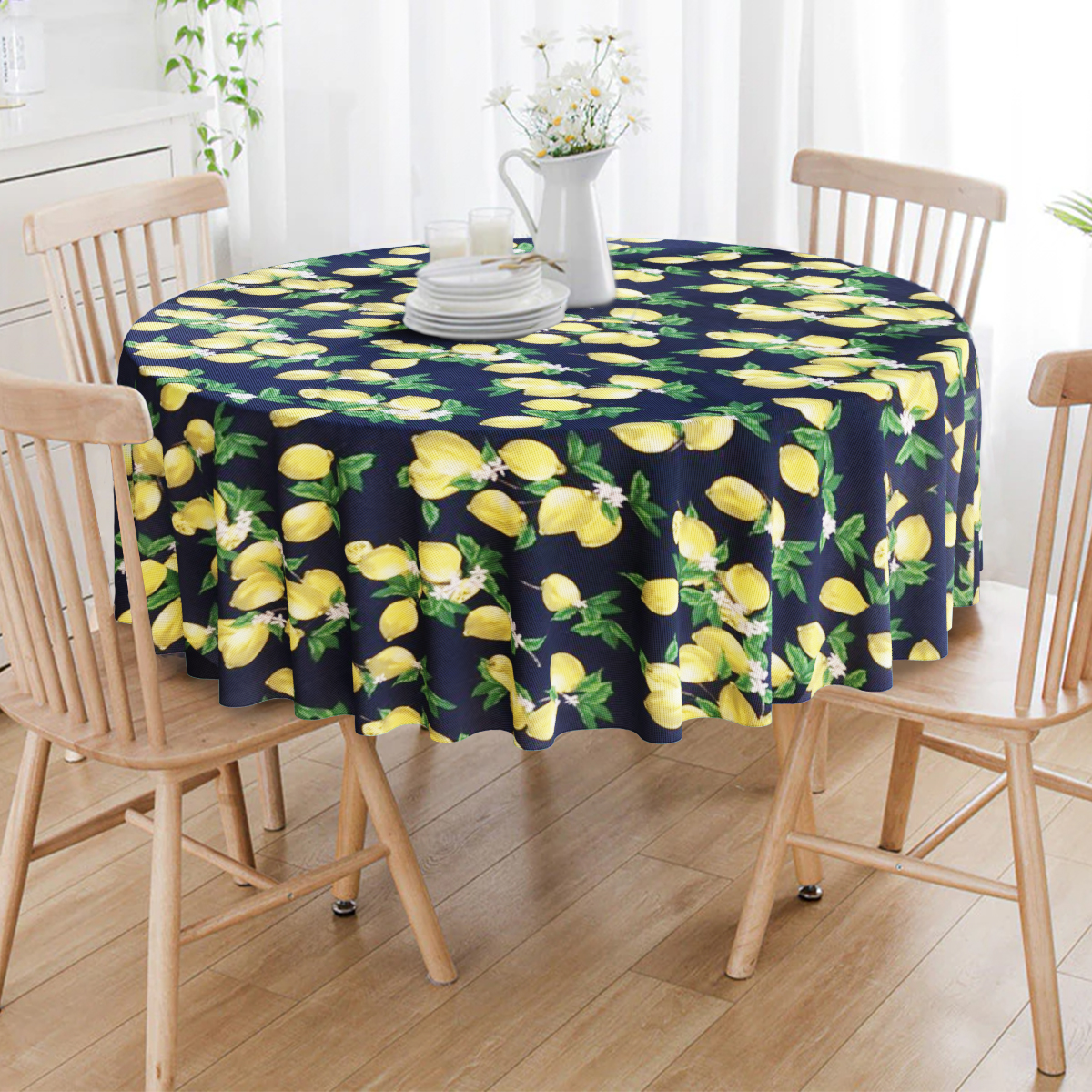 Toalha De Mesa Redonda Limão Siciliano Azul 4 Lugares