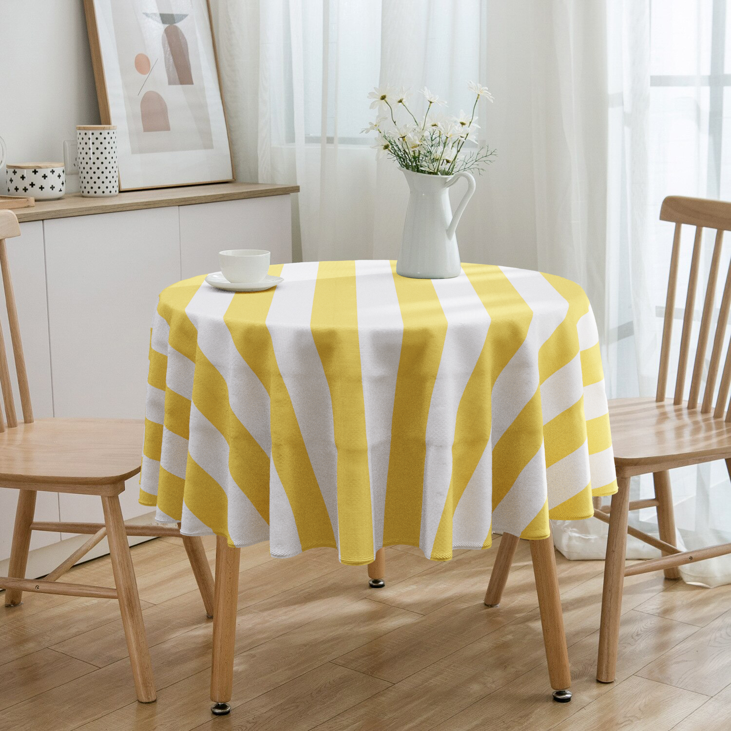 Toalha De Mesa Redonda Listrada Amarelo E Branco 4 Lugares