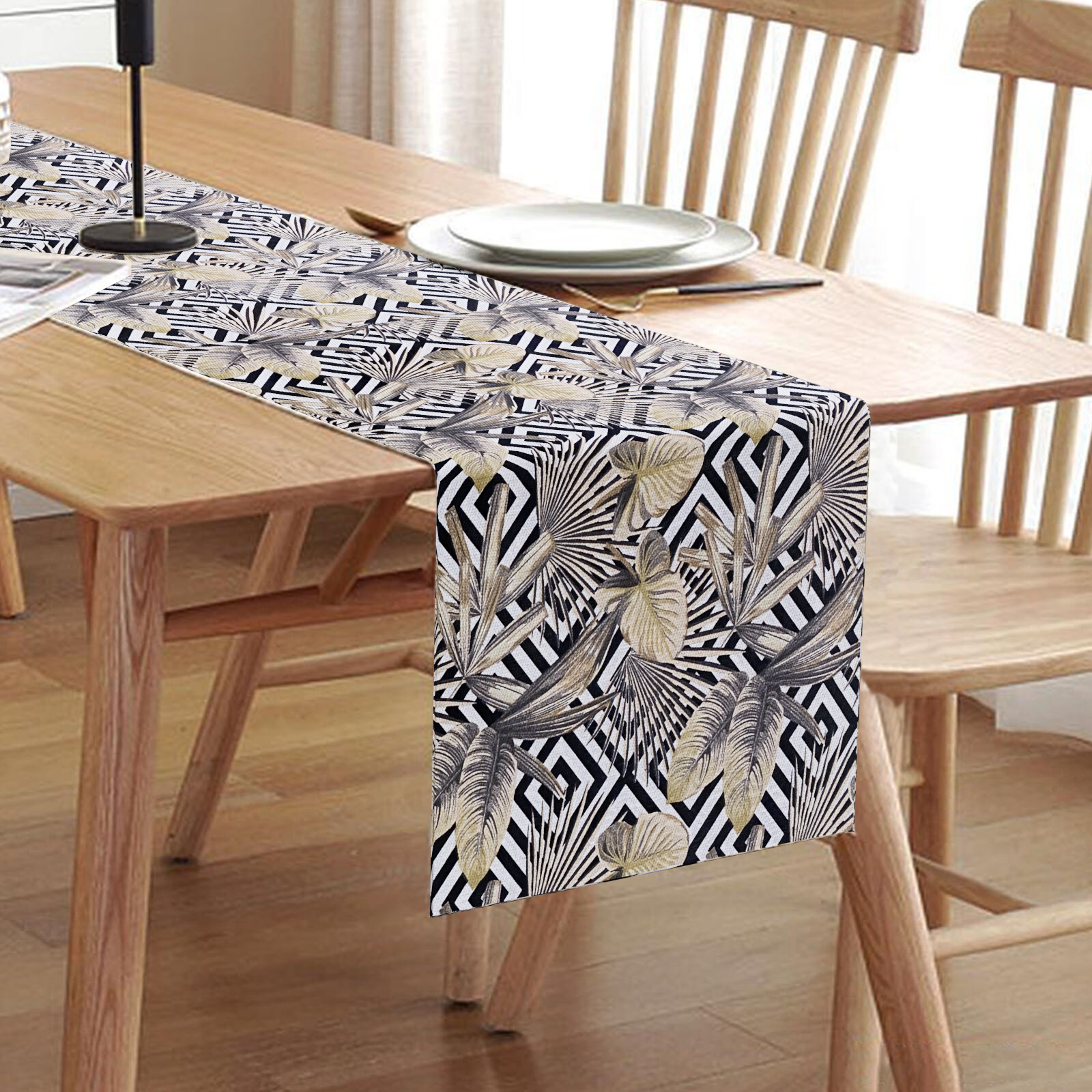 Caminho De Mesa Estampado Folhagem Seca Com Geométrico