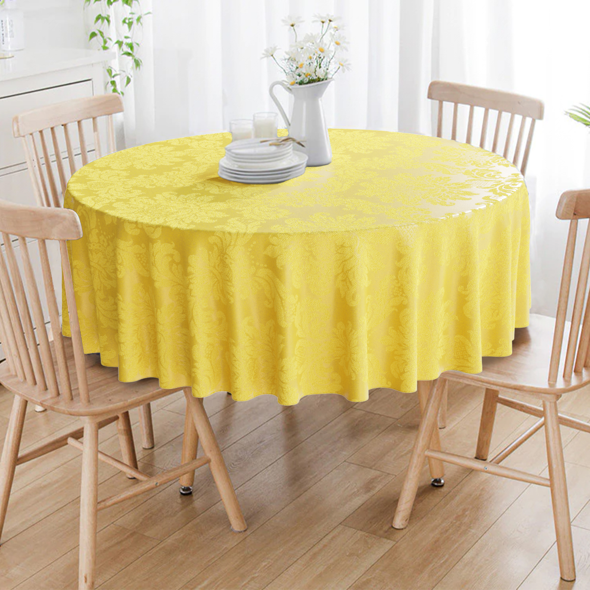 Toalha De Mesa Redonda Amarelo Ouro Dupla Face 8 Lugares