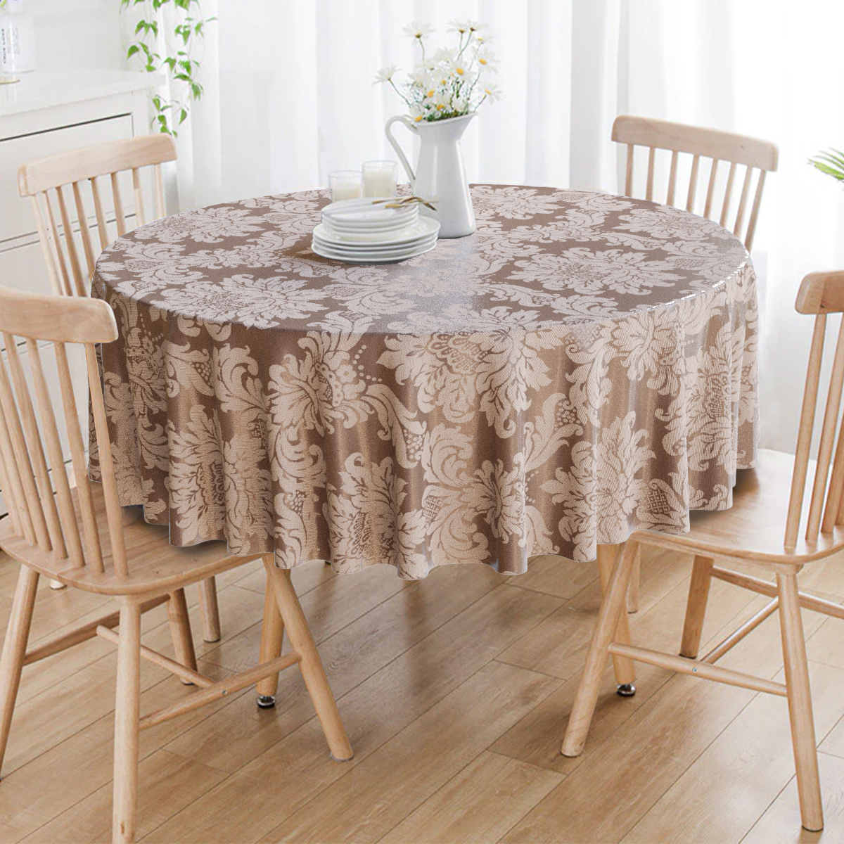 Toalha De Mesa Redonda Marrom E Bege Medalhão 8 Lugares