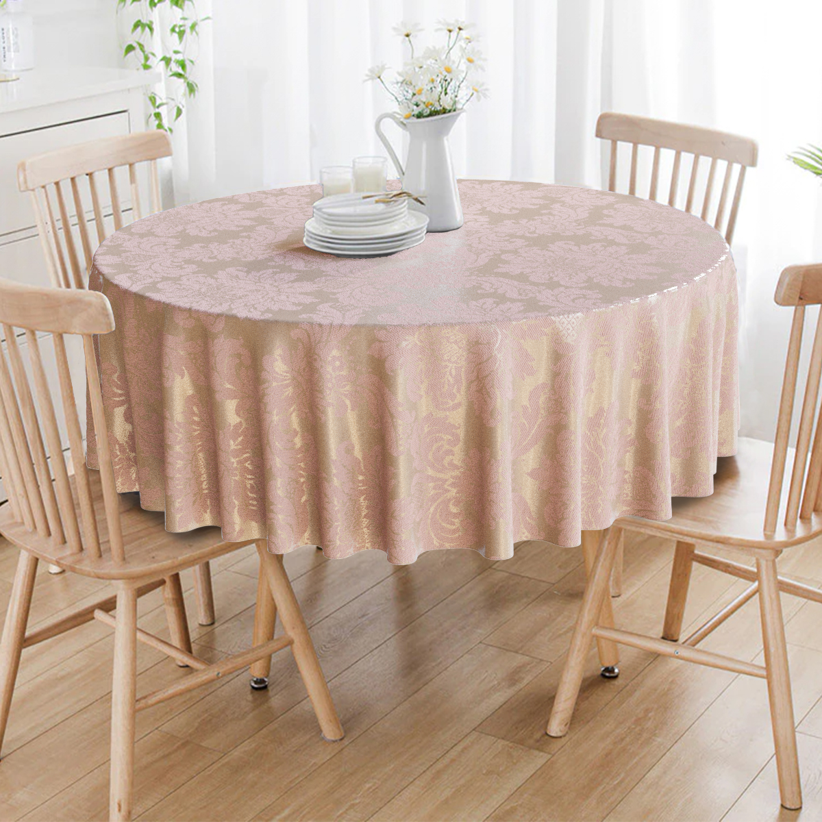 Toalha De Mesa Redonda Rosê e Dourado 8 Lugares