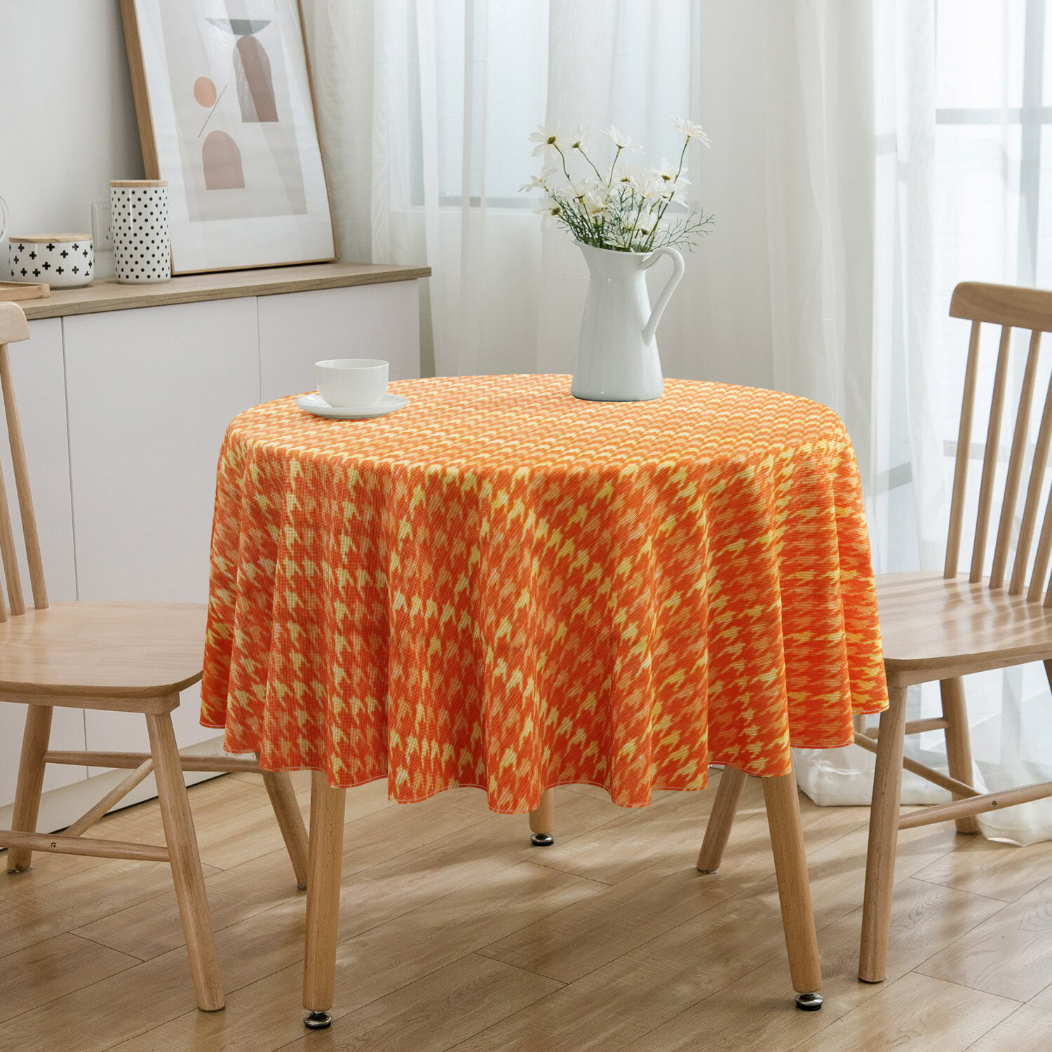 Toalha De Mesa Redonda Quadriculado Laranja 4 Lugares