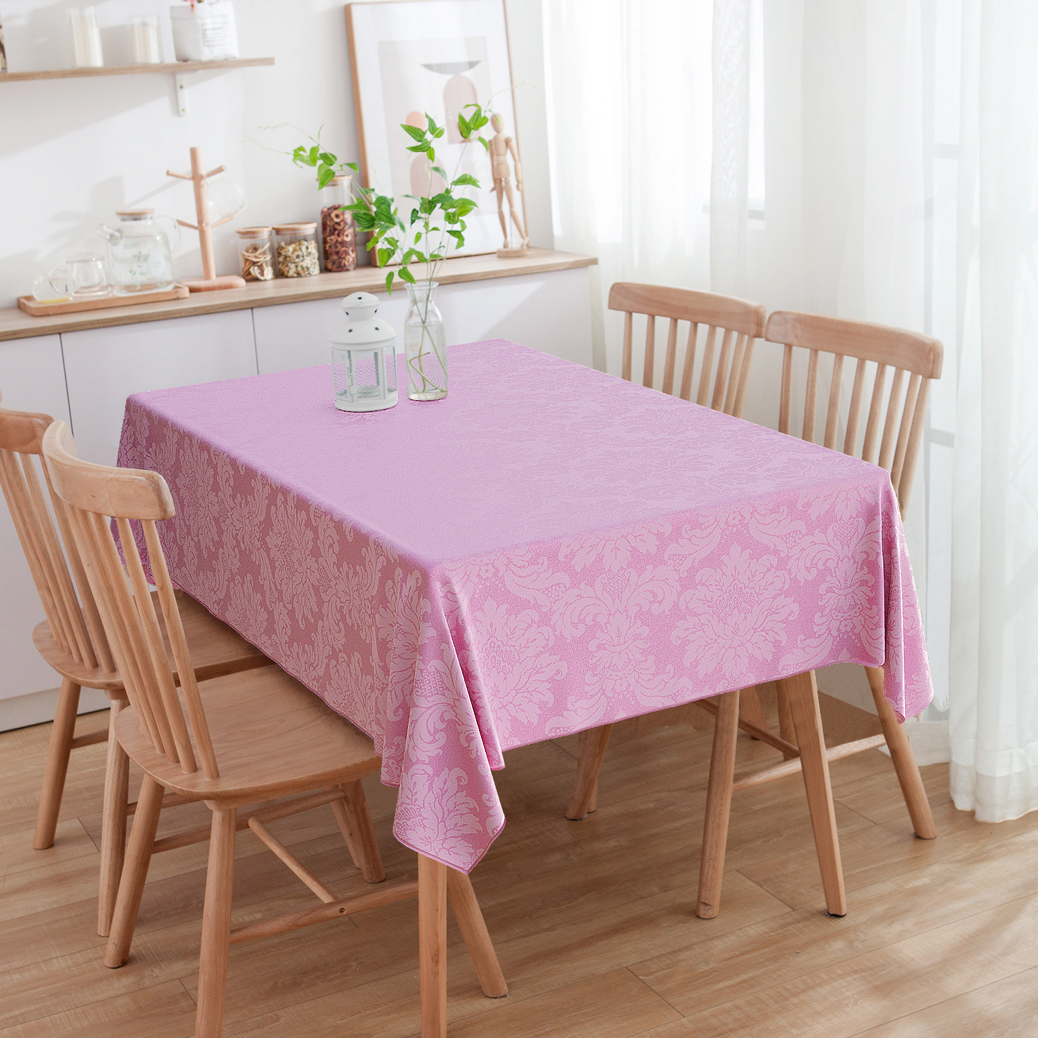 Toalha de Mesa Retangular Jacquard Medalhão Rosa Bebê 6 Lugares