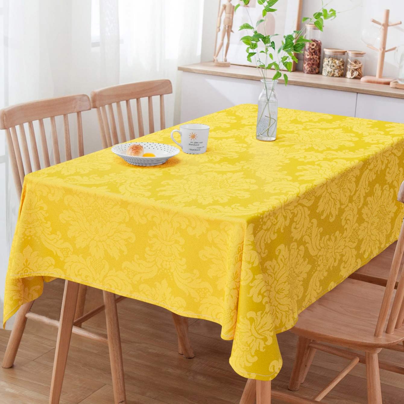 Toalha de Mesa Retangular Jacquard Medalhão Amarelo Ouro 6 Lugares