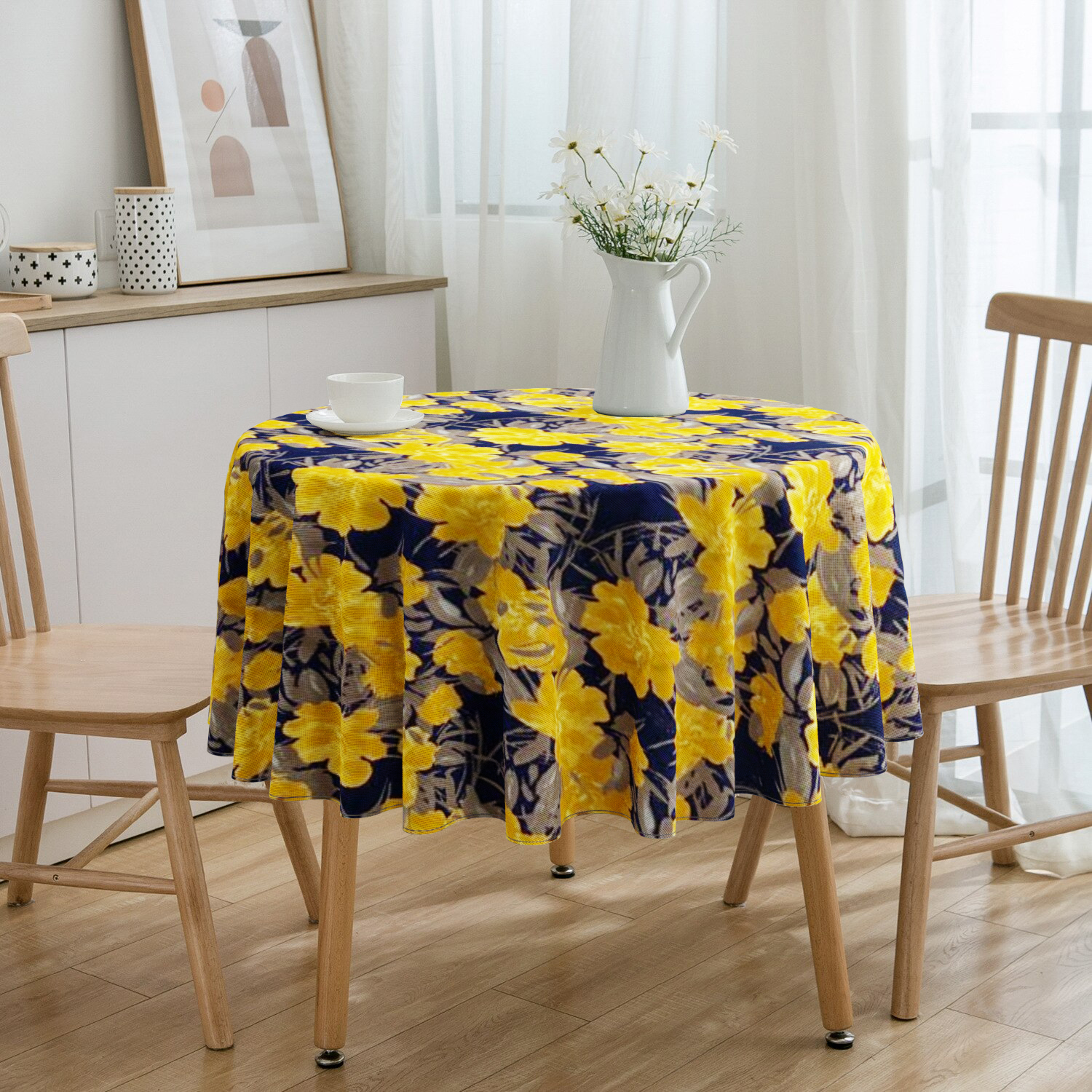 Toalha De Mesa Redonda Floral Amarelo e Preto 4 Lugares