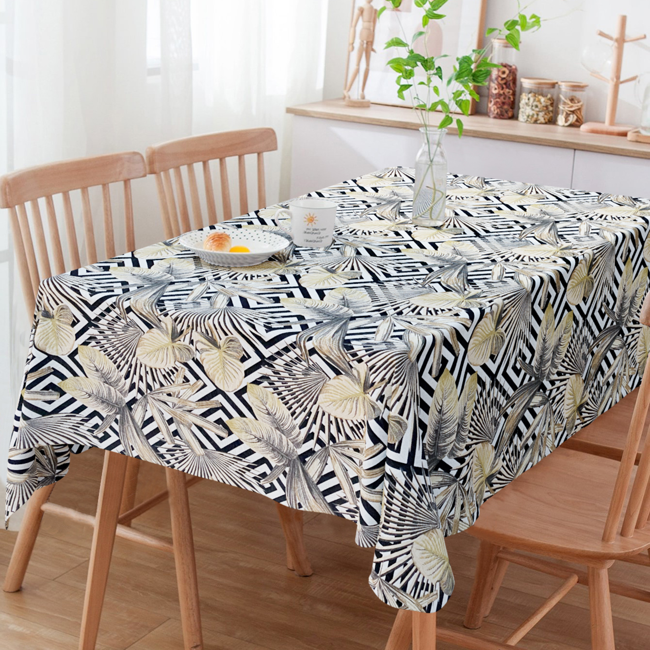 Toalha De Mesa Retangular Folhagens Secas E Geométrico 3m x 1.40m