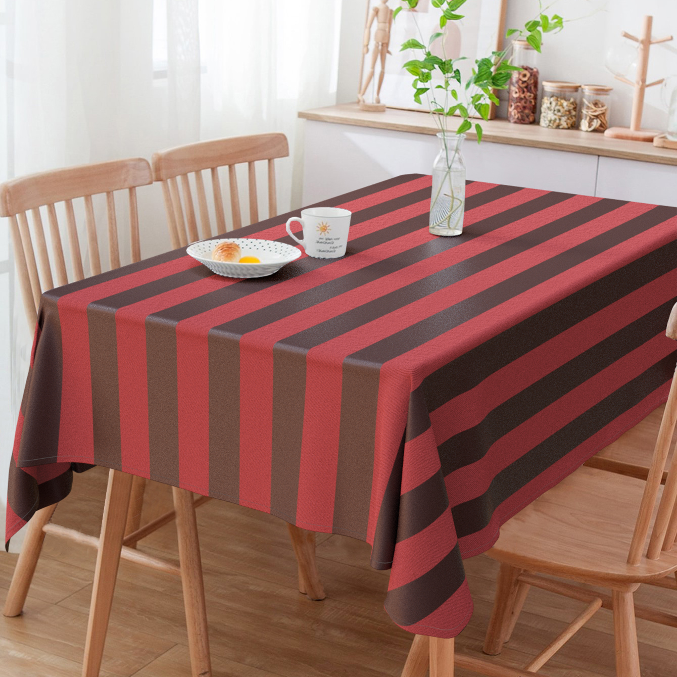 Toalha De Mesa Retangular 6 Lugares Listrado Marrom E Marsala