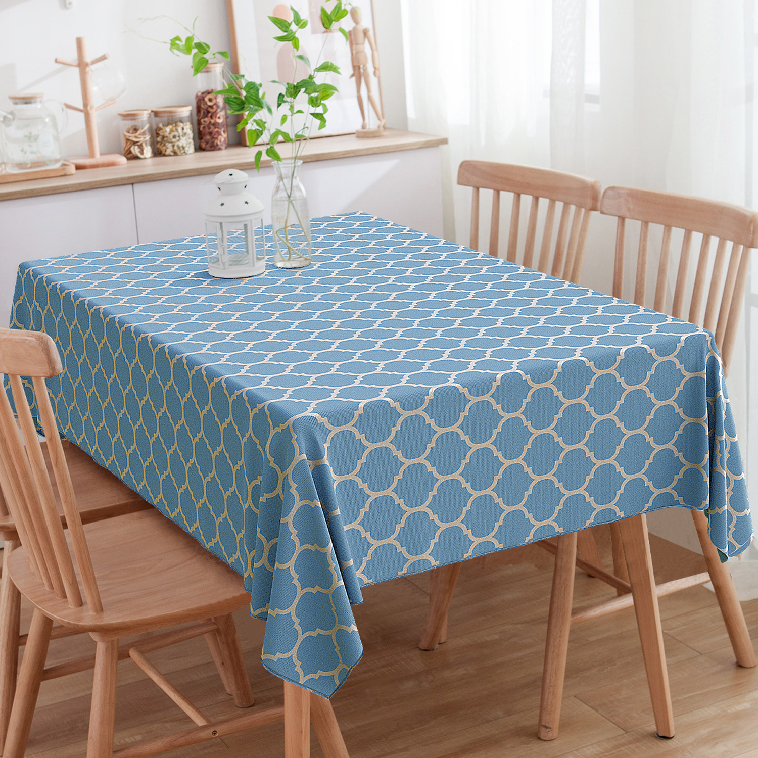Toalha de Mesa Quadrada Jacquard Colméia Azul e Dourado 2.20m x 2.20m