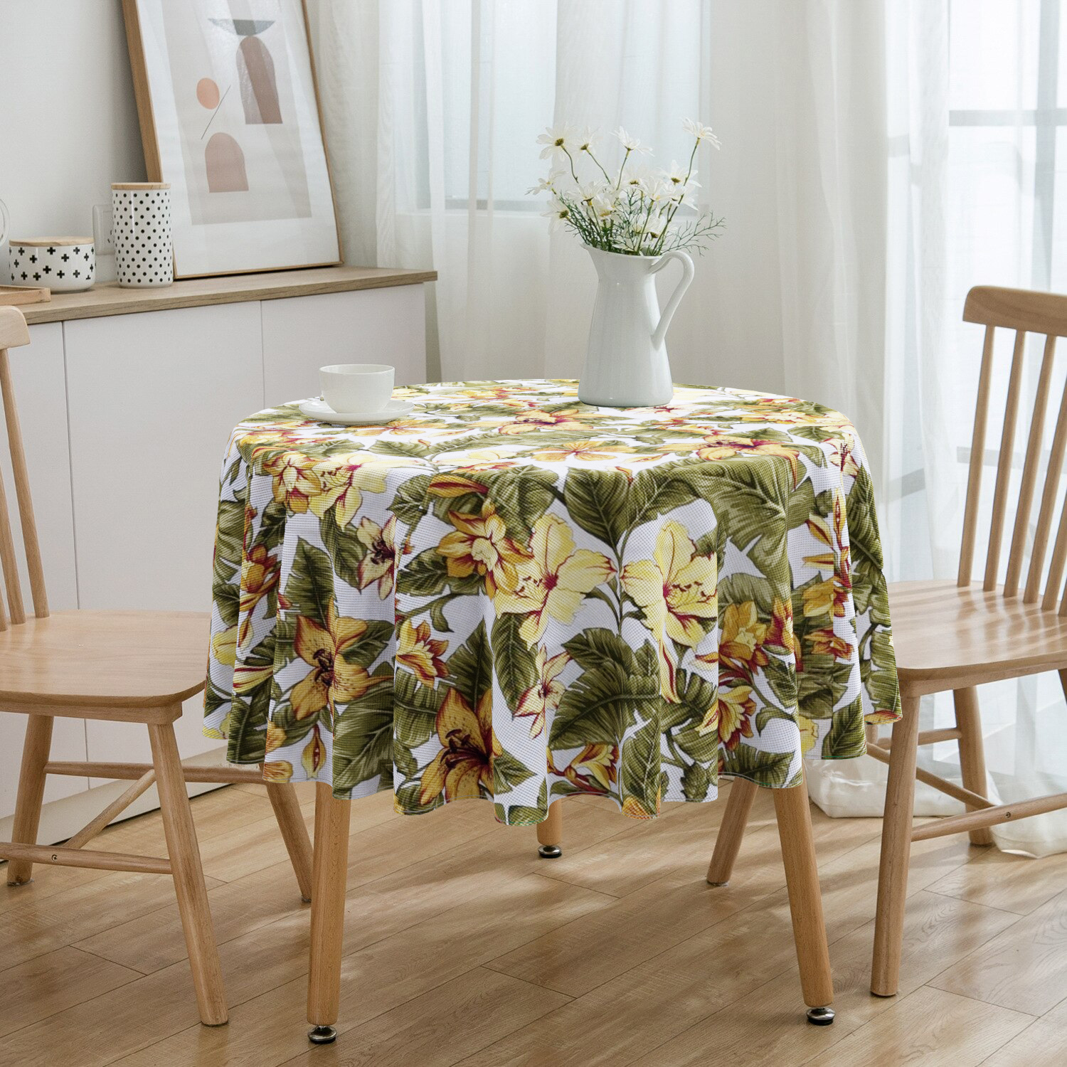 Toalha De Mesa Redonda Floral Amarelo 4 Lugares